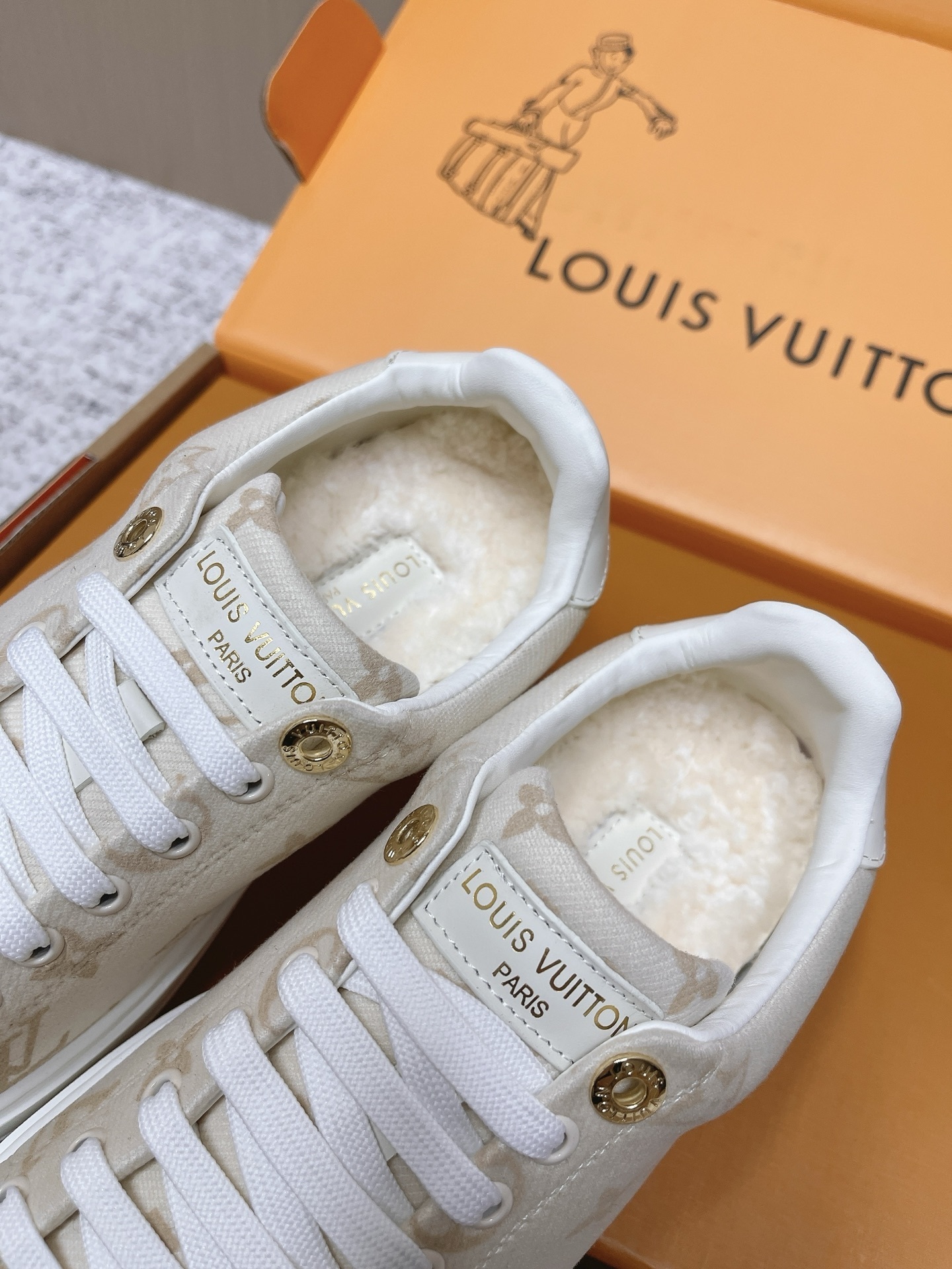 Louis Vuitton Monogram Shearling-Lined Sneakers in Beige