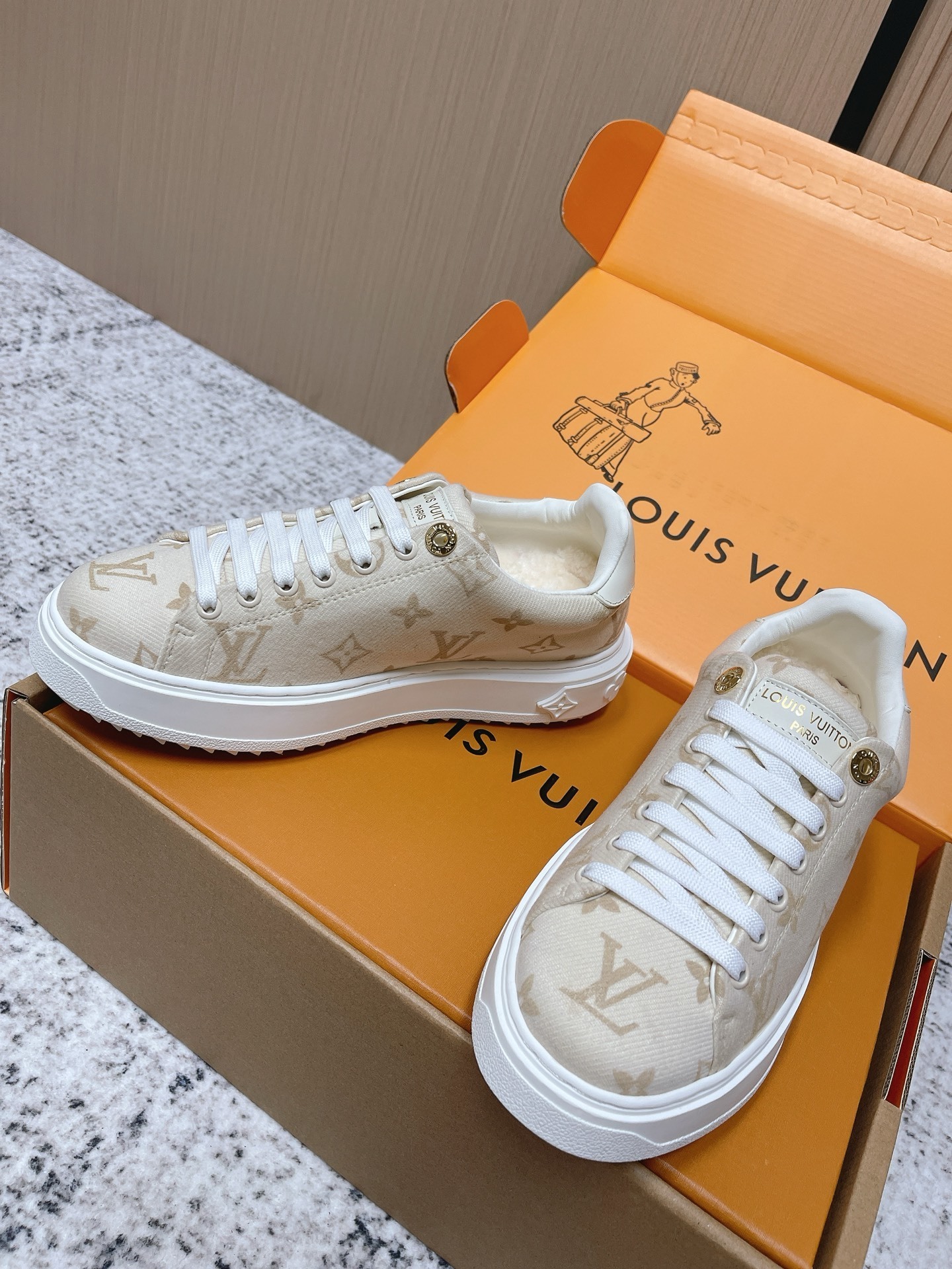 Louis Vuitton Monogram Shearling-Lined Sneakers in Beige