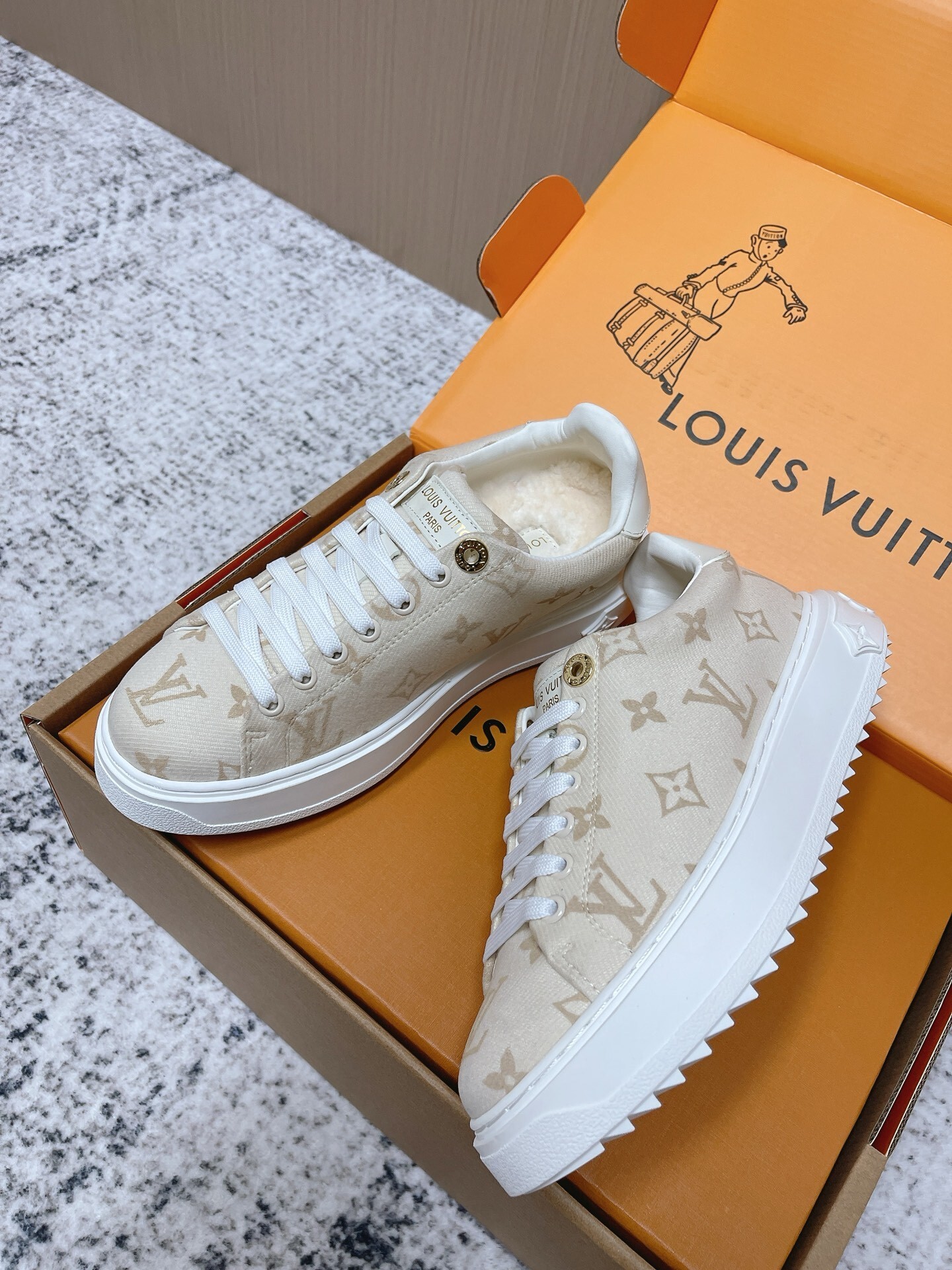 Louis Vuitton Monogram Shearling-Lined Sneakers in Beige