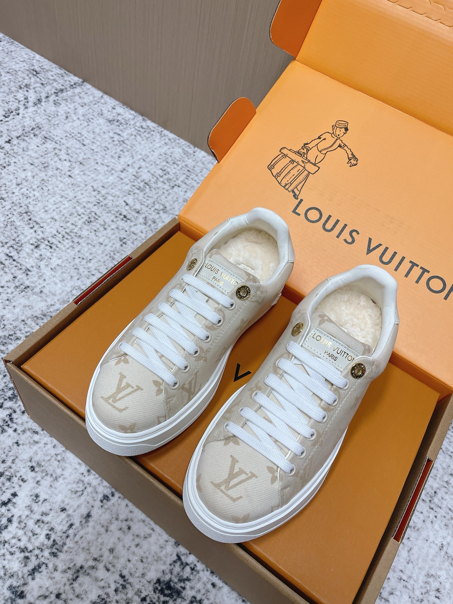 Louis Vuitton Monogram Shearling-Lined Sneakers in Beige