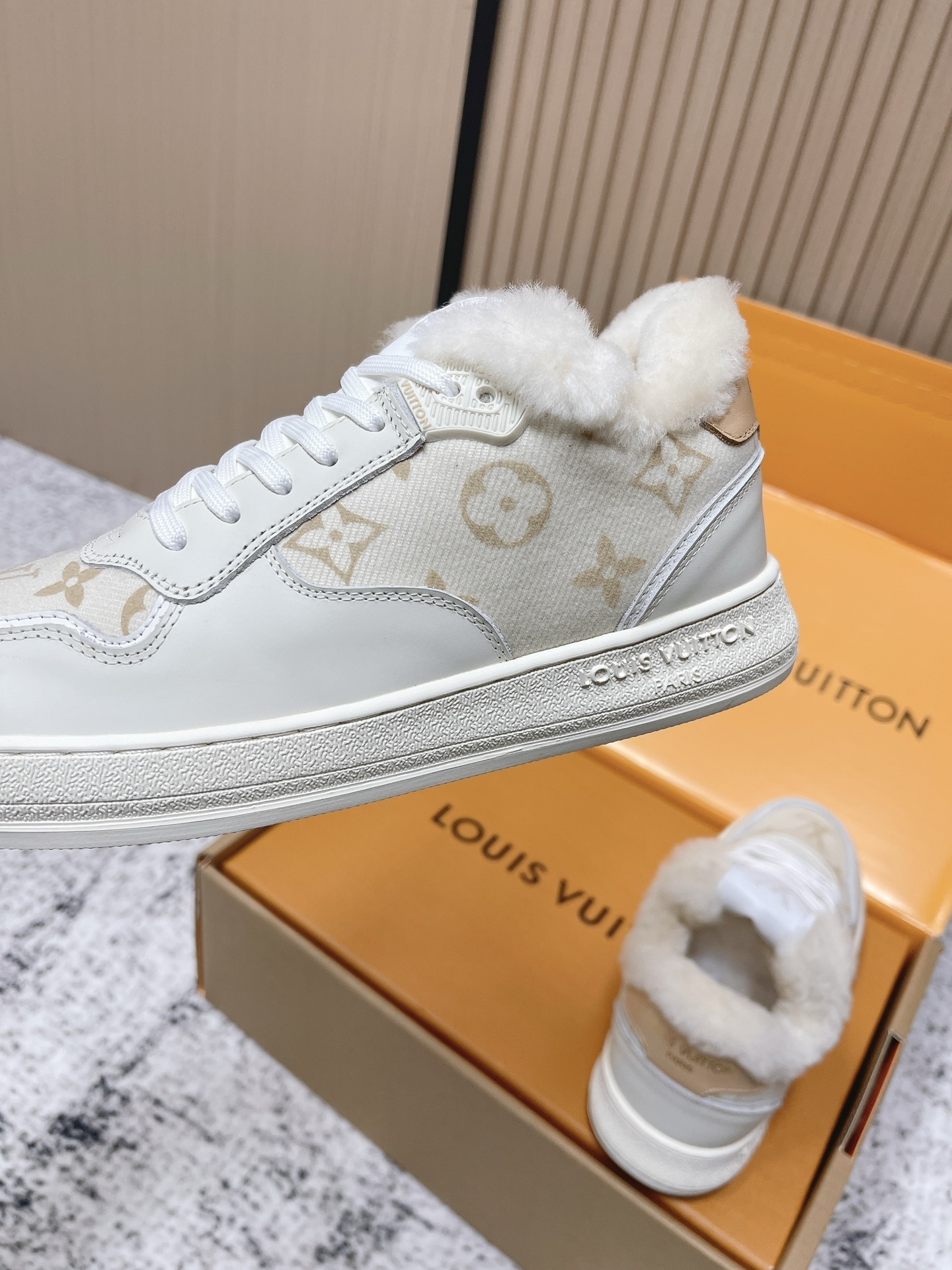 Louis Vuitton White Monogram Shearling Fur-Lined Sneakers