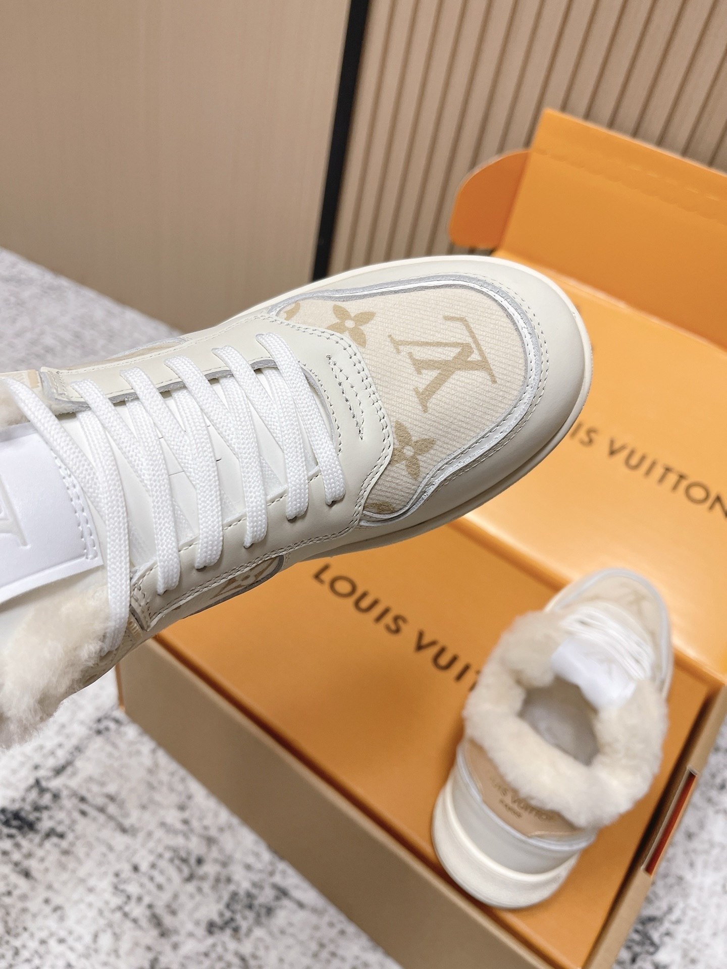 Louis Vuitton White Monogram Shearling Fur-Lined Sneakers