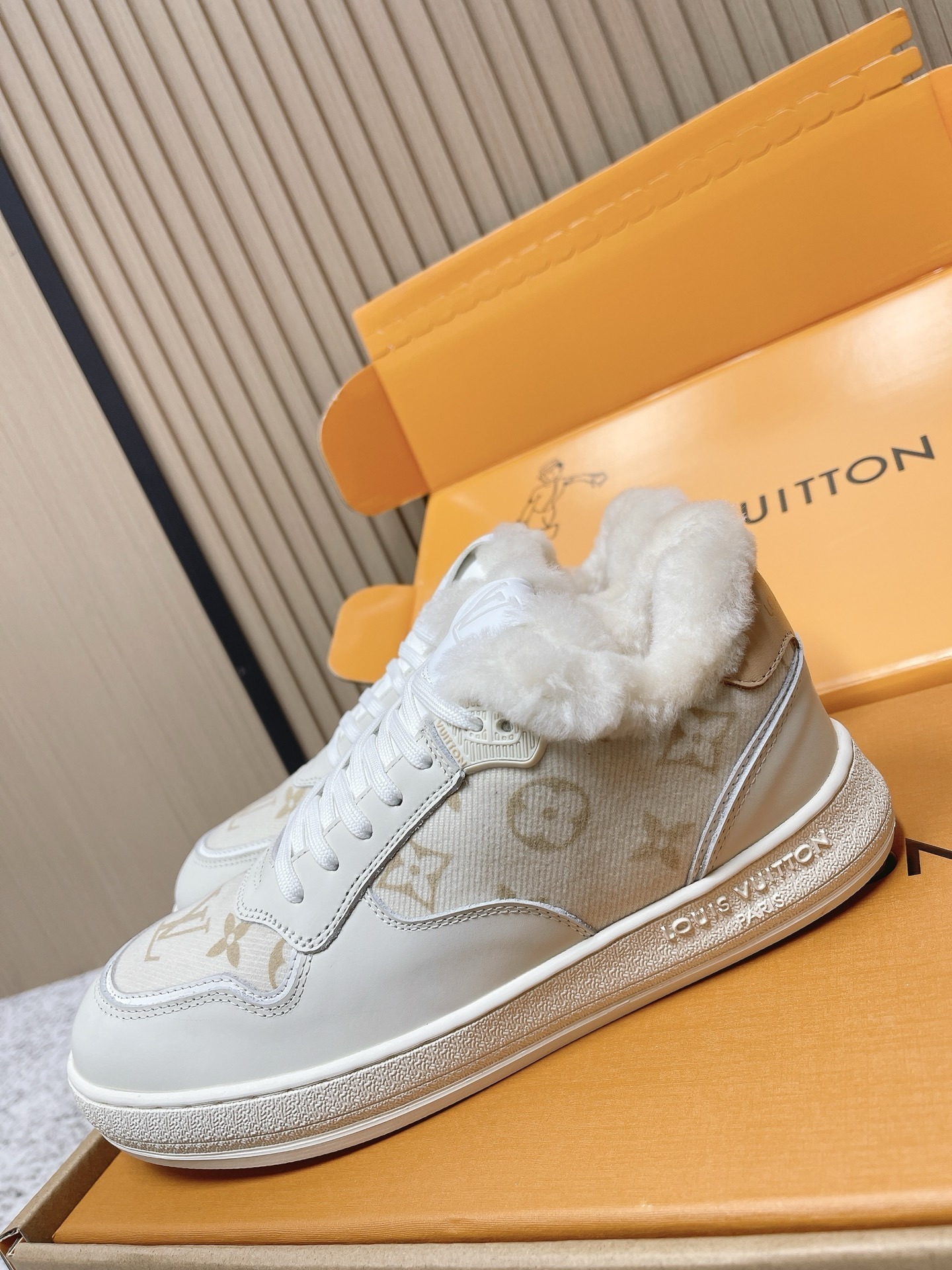 Louis Vuitton White Monogram Shearling Fur-Lined Sneakers