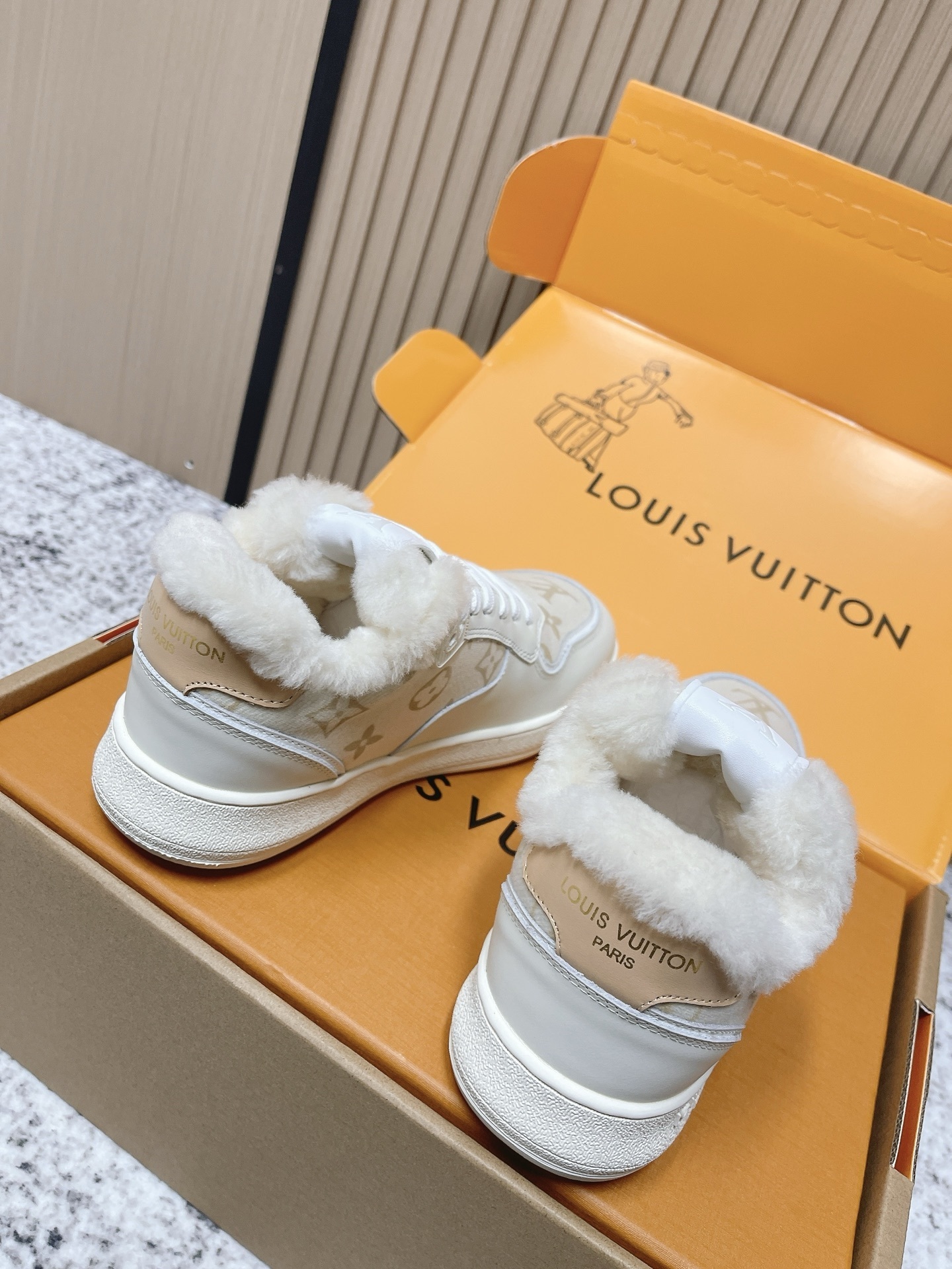 Louis Vuitton White Monogram Shearling Fur-Lined Sneakers