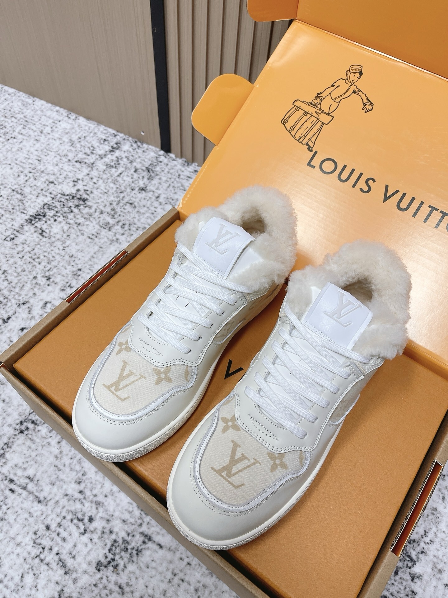 Louis Vuitton White Monogram Shearling Fur-Lined Sneakers