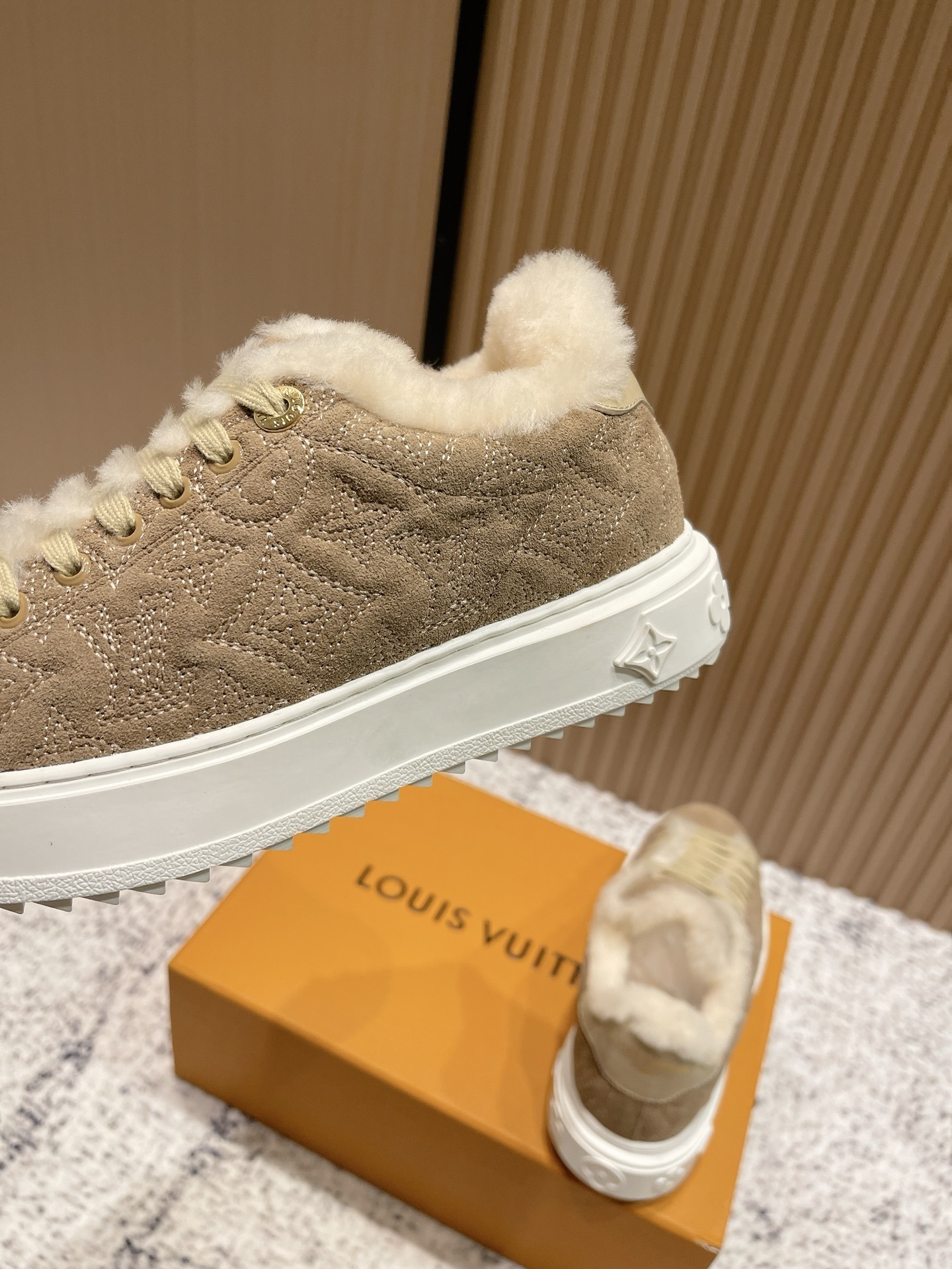 Louis Vuitton Women's Beige Suede Shearling Fur Sneakers