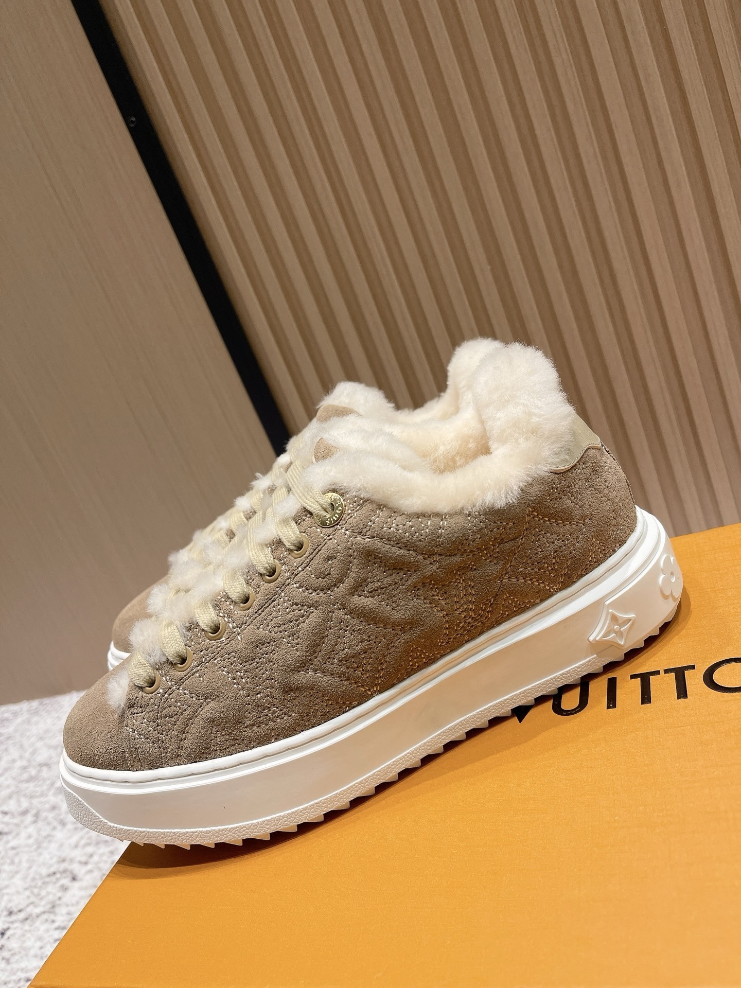 Louis Vuitton Women's Beige Suede Shearling Fur Sneakers