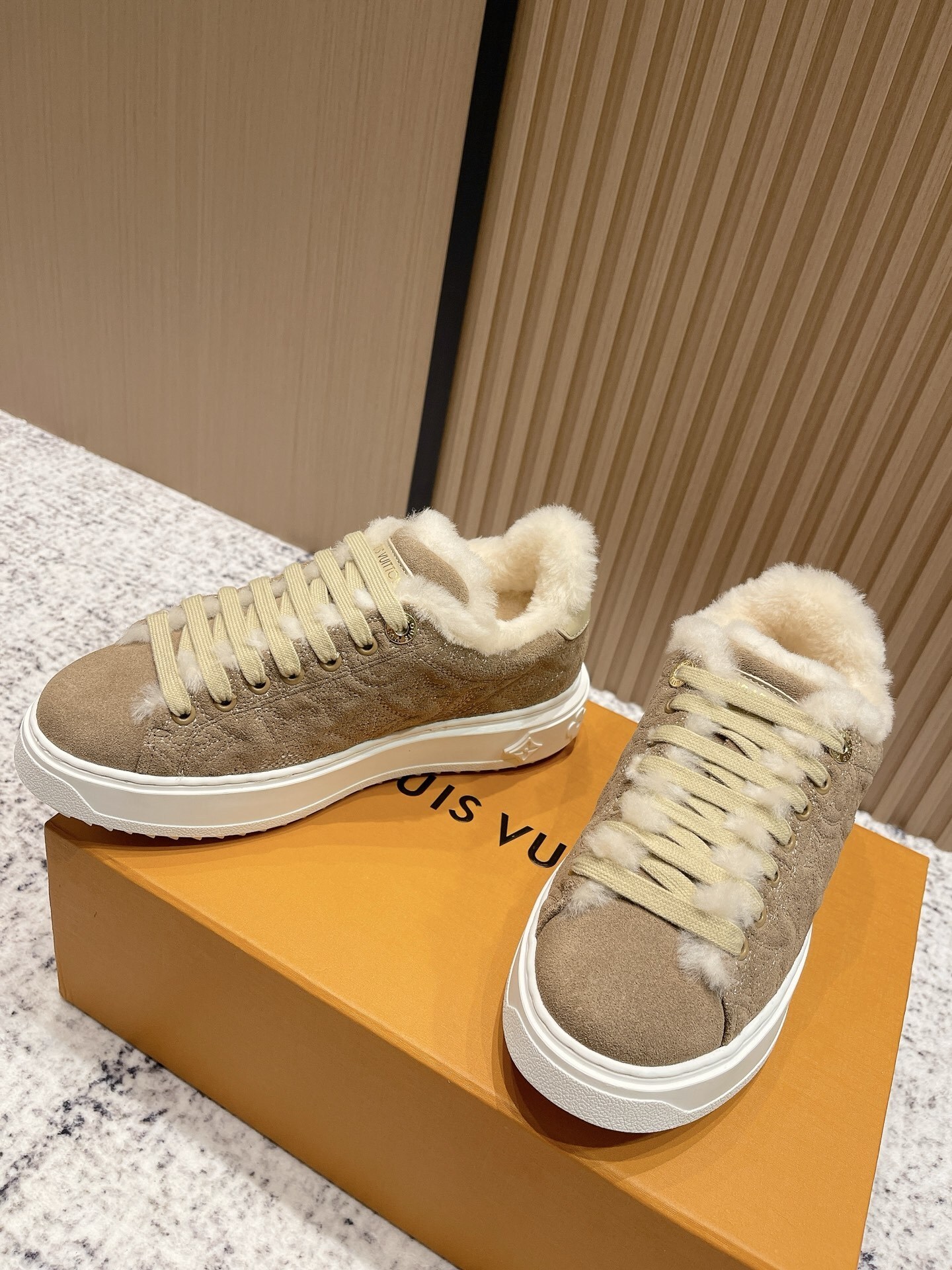 Louis Vuitton Women's Beige Suede Shearling Fur Sneakers
