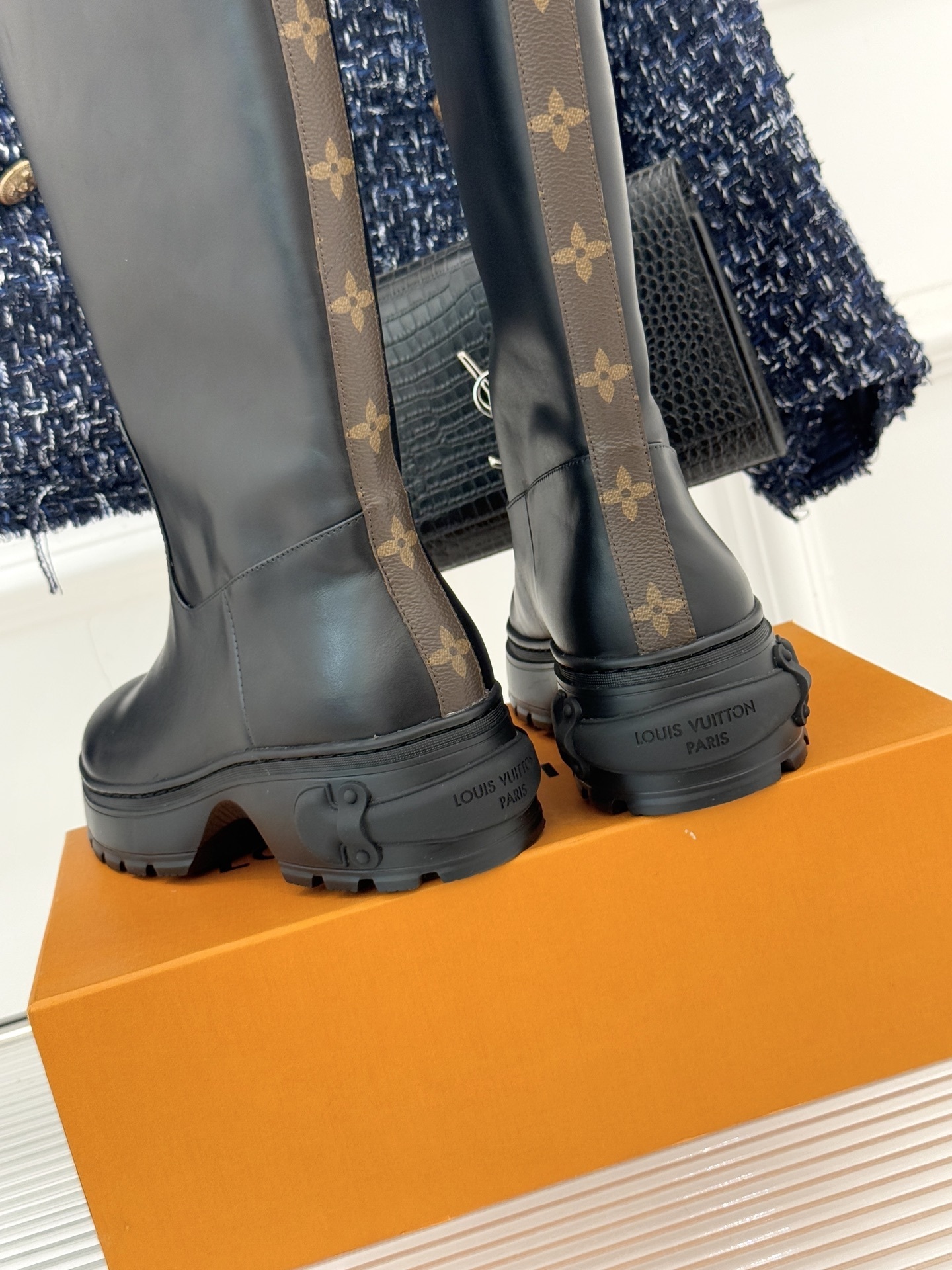Louis Vuitton Black Leather Knee-High Boots with Monogram Detail