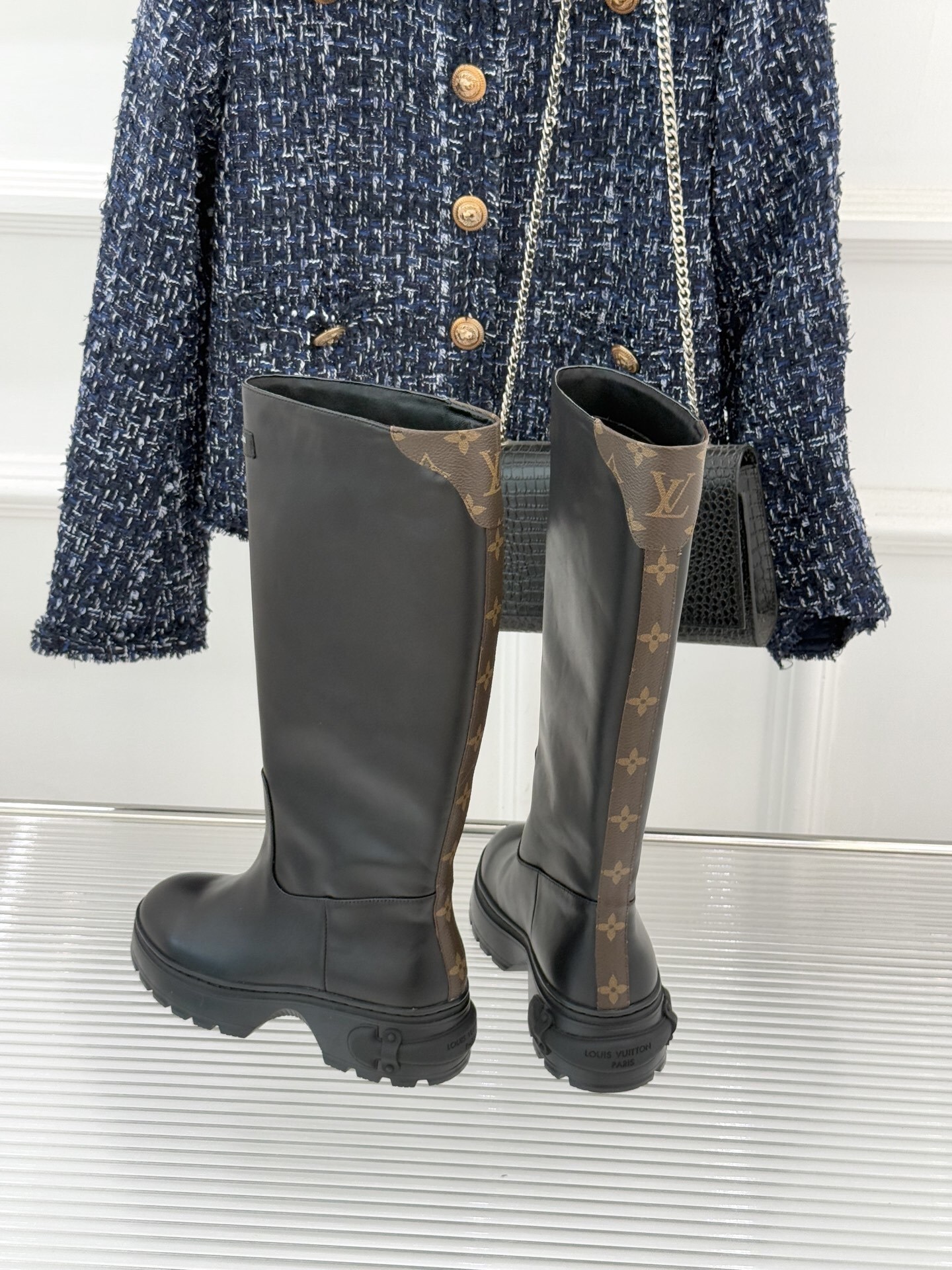 Louis Vuitton Black Leather Knee-High Boots with Monogram Detail