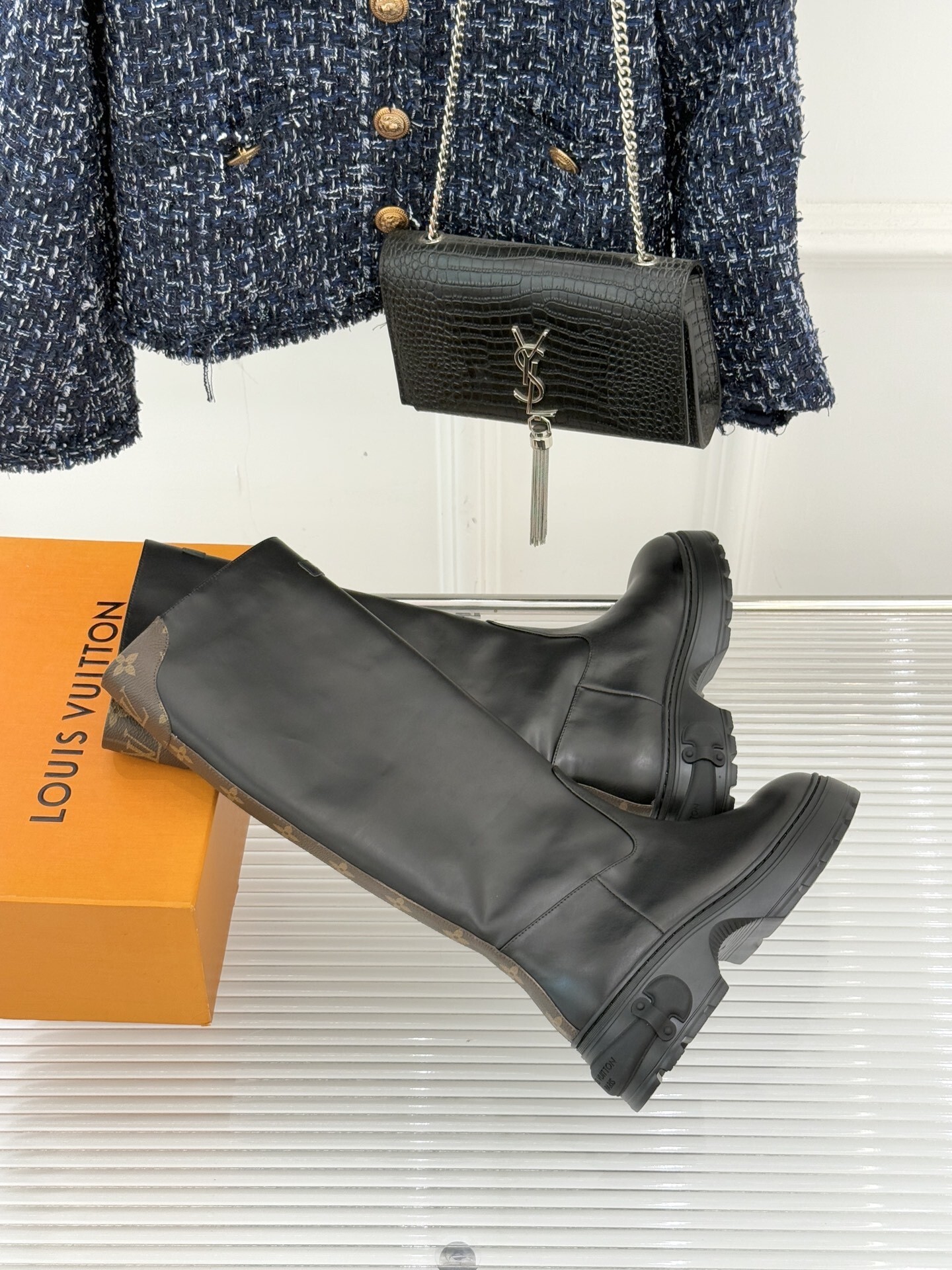 Louis Vuitton Black Leather Knee-High Boots with Monogram Detail