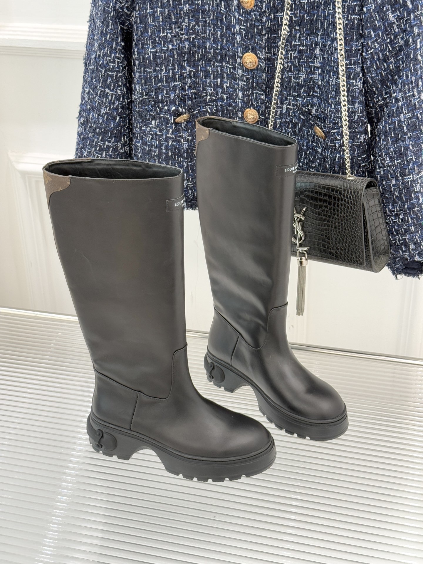 Louis Vuitton Black Leather Knee-High Boots with Monogram Detail