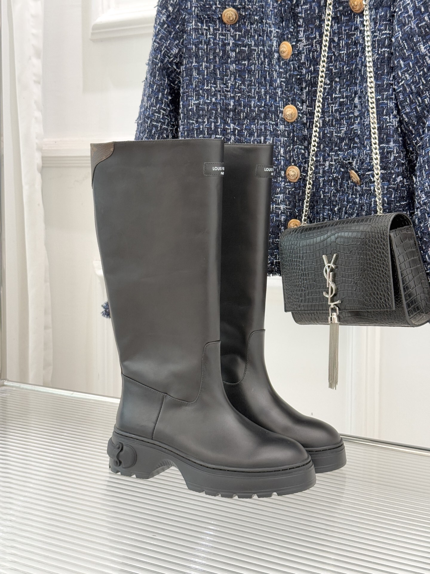Louis Vuitton Black Leather Knee-High Boots with Monogram Detail