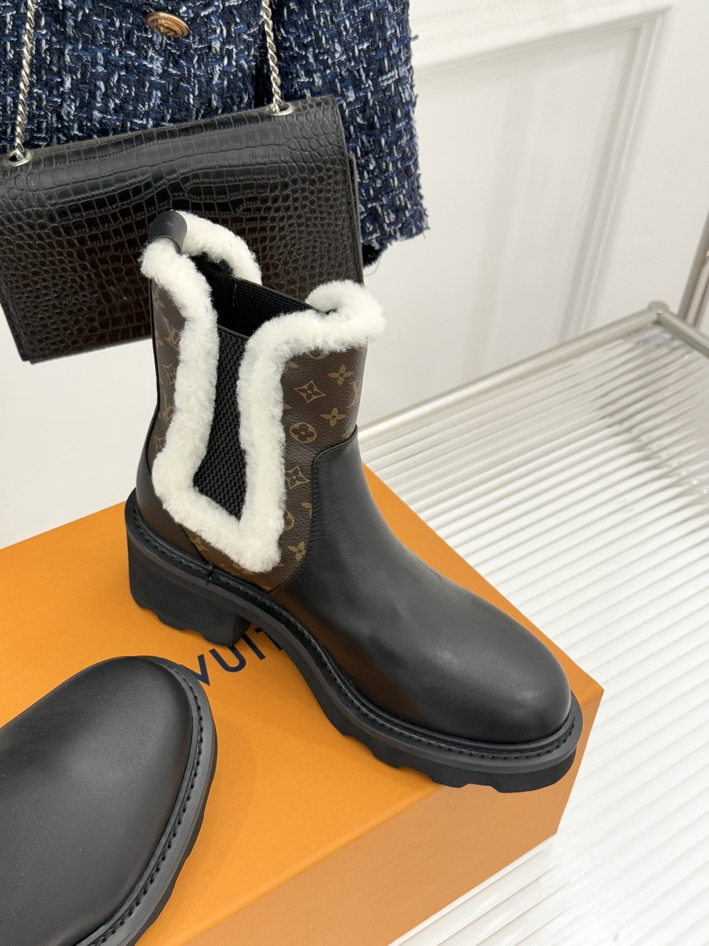 Louis Vuitton Monogram Shearling Leather Ankle Boots