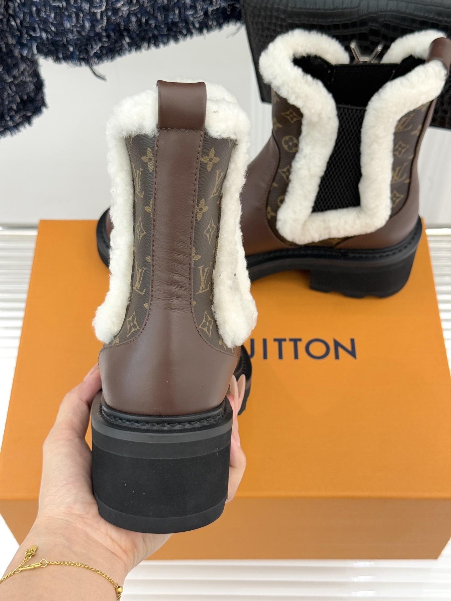 Louis Vuitton Monogram Leather & Shearling Winter Boots