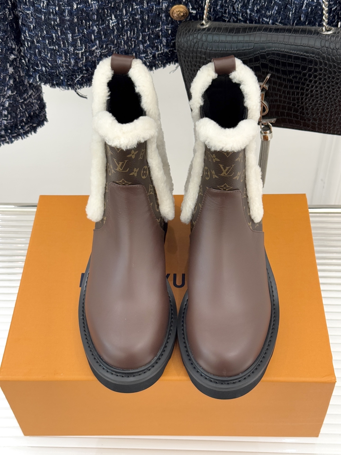 Louis Vuitton Monogram Leather & Shearling Winter Boots