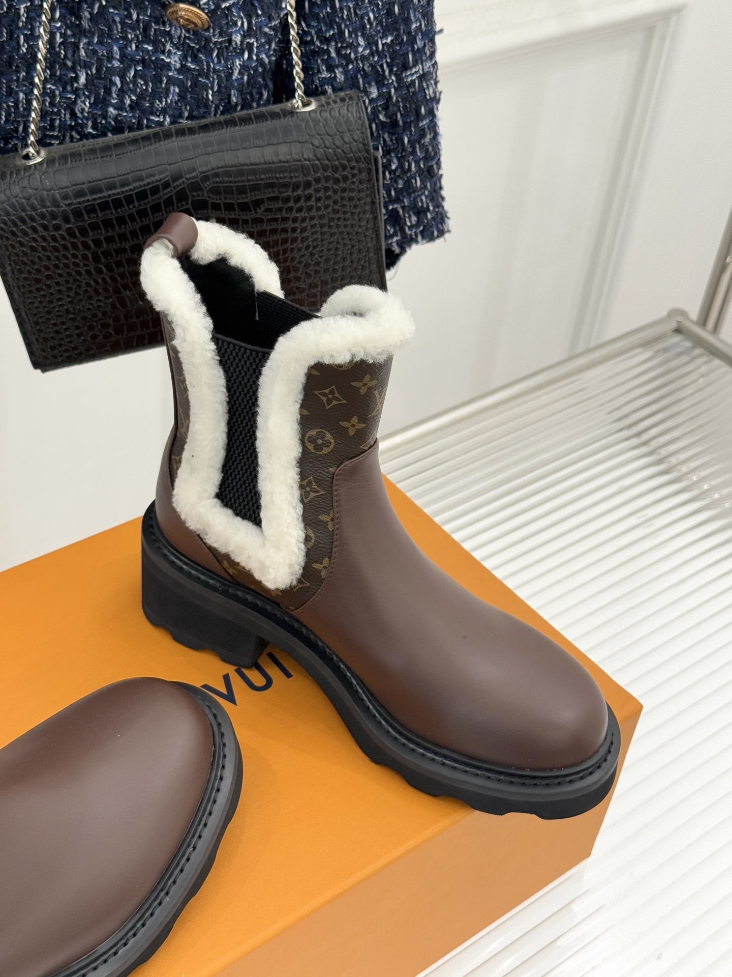 Louis Vuitton Monogram Leather & Shearling Winter Boots