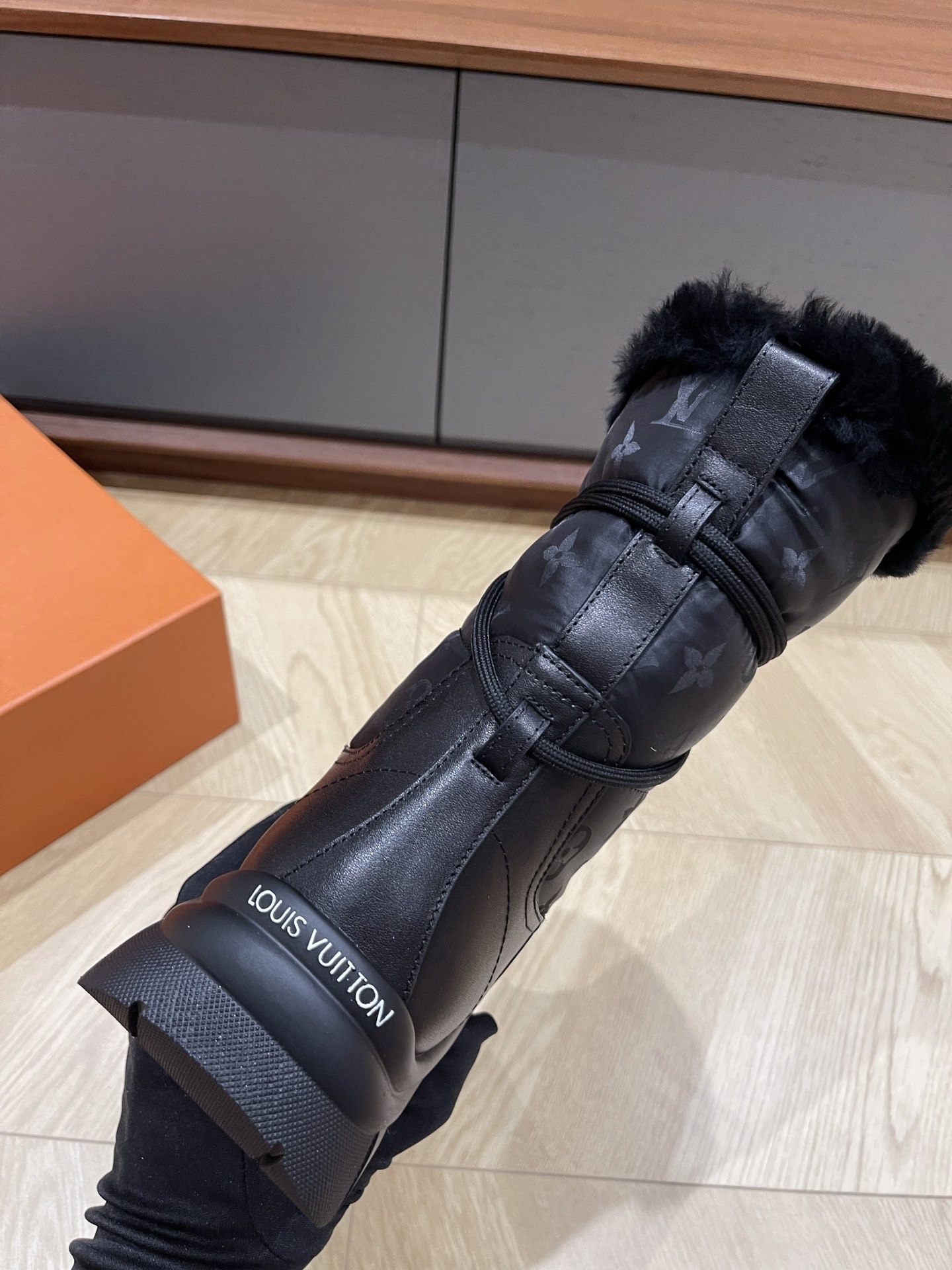 Louis Vuitton Black Faux Fur Winter Snow Boots with LV Logo