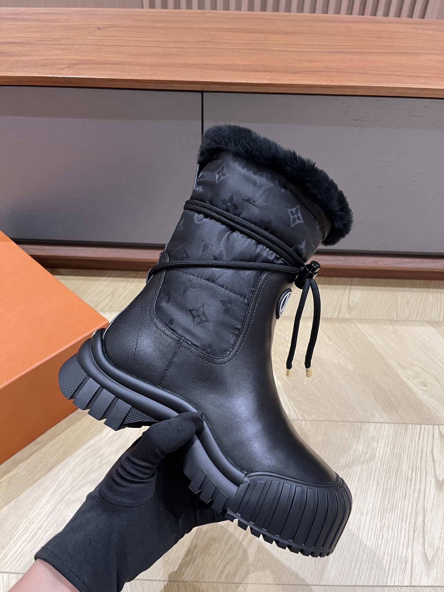 Louis Vuitton Black Faux Fur Winter Snow Boots with LV Logo