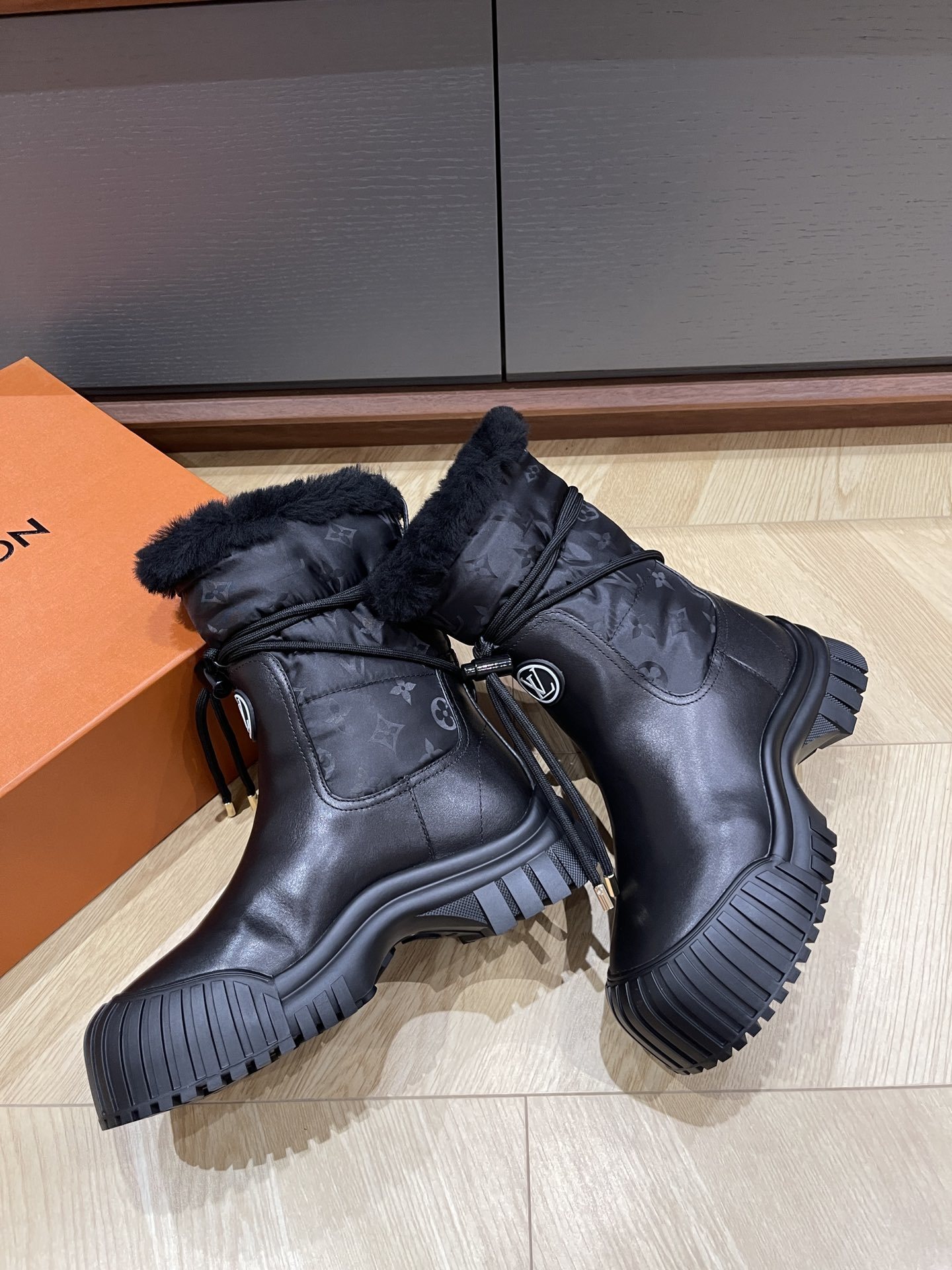 Louis Vuitton Black Faux Fur Winter Snow Boots with LV Logo