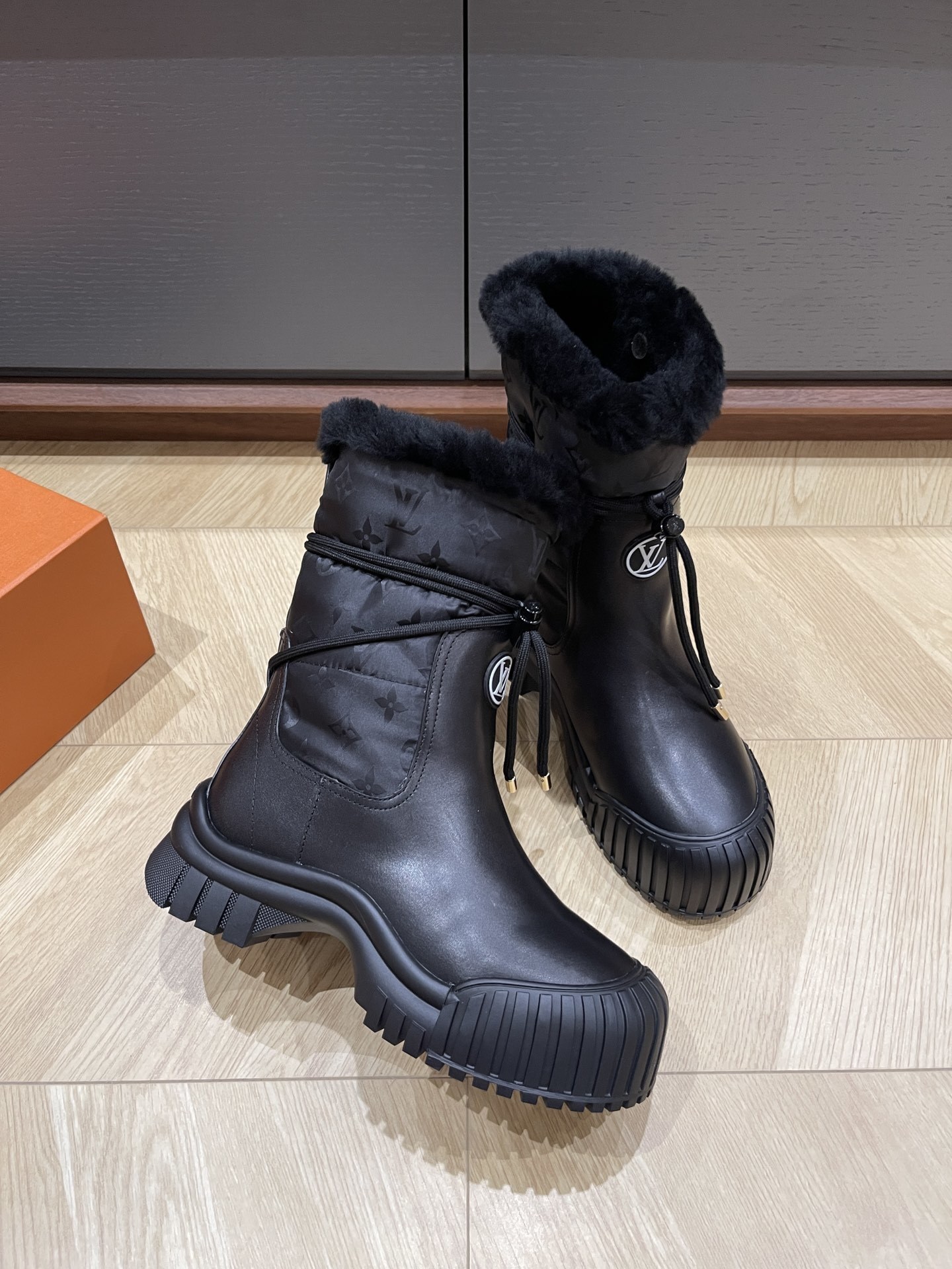Louis Vuitton Black Faux Fur Winter Snow Boots with LV Logo