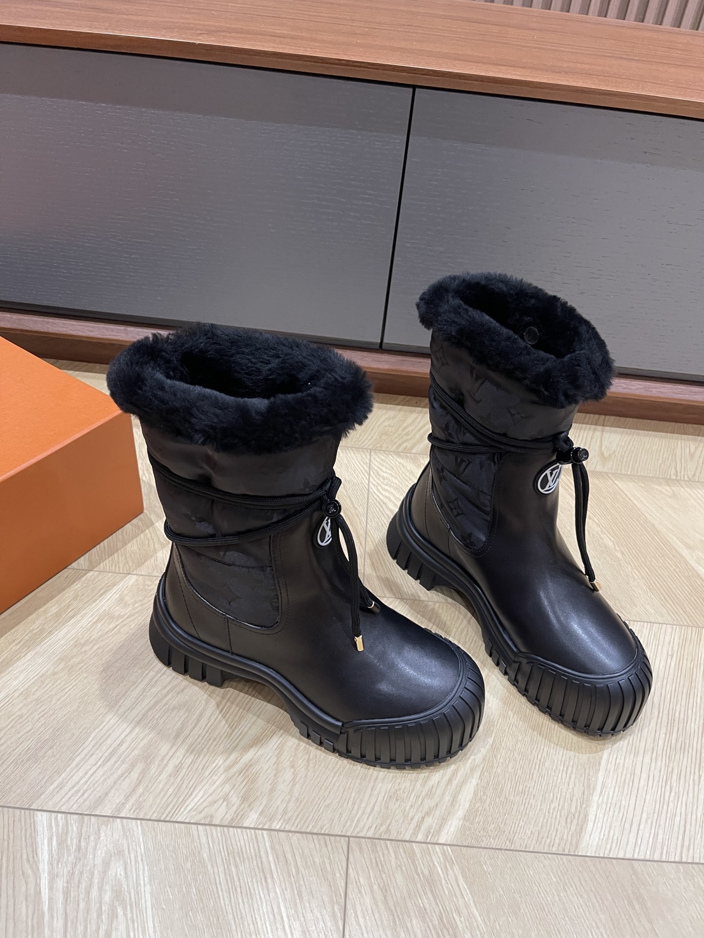 Louis Vuitton Black Faux Fur Winter Snow Boots with LV Logo