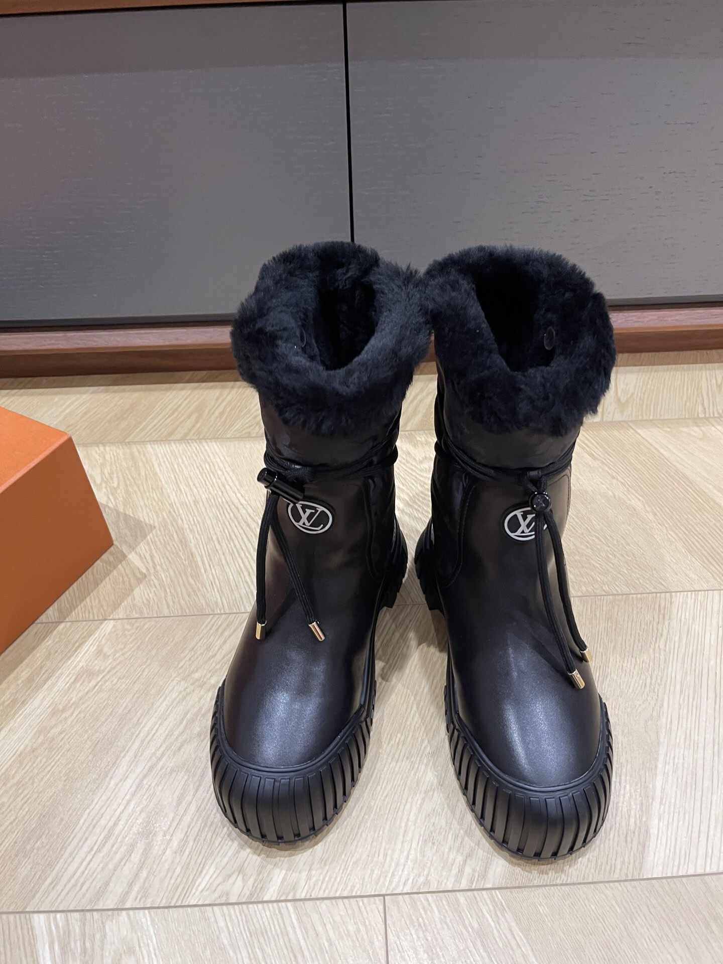 Louis Vuitton Black Faux Fur Winter Snow Boots with LV Logo