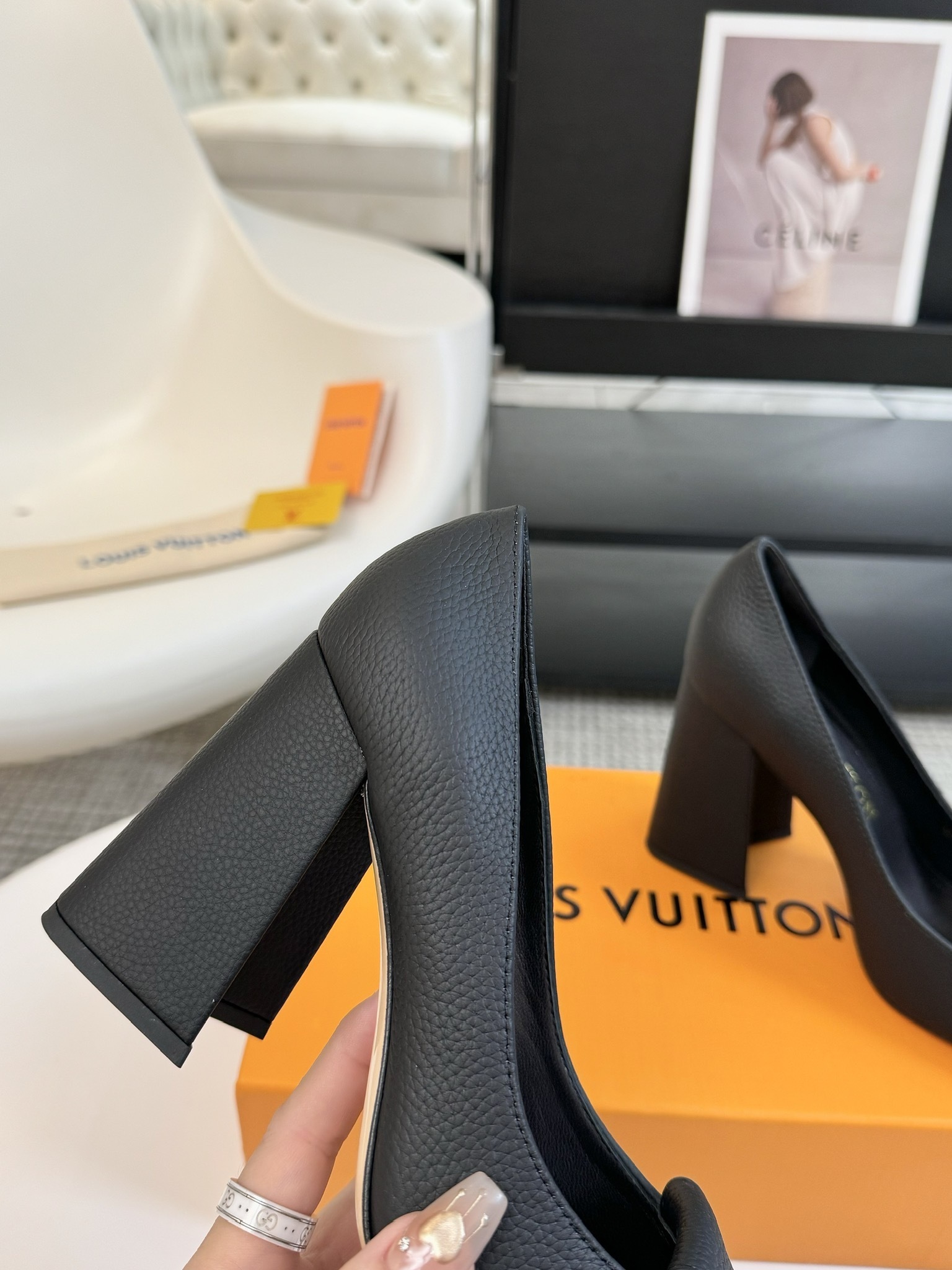 Louis Vuitton Black Grained Leather Square Toe Pumps with LV Logo