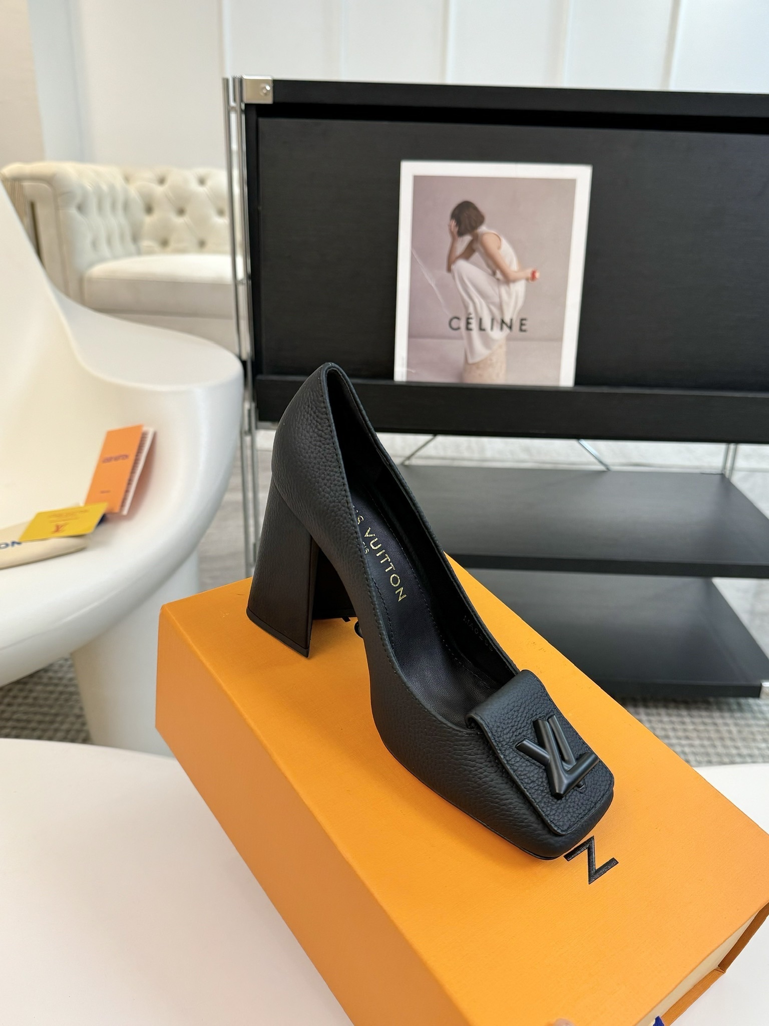 Louis Vuitton Black Grained Leather Square Toe Pumps with LV Logo