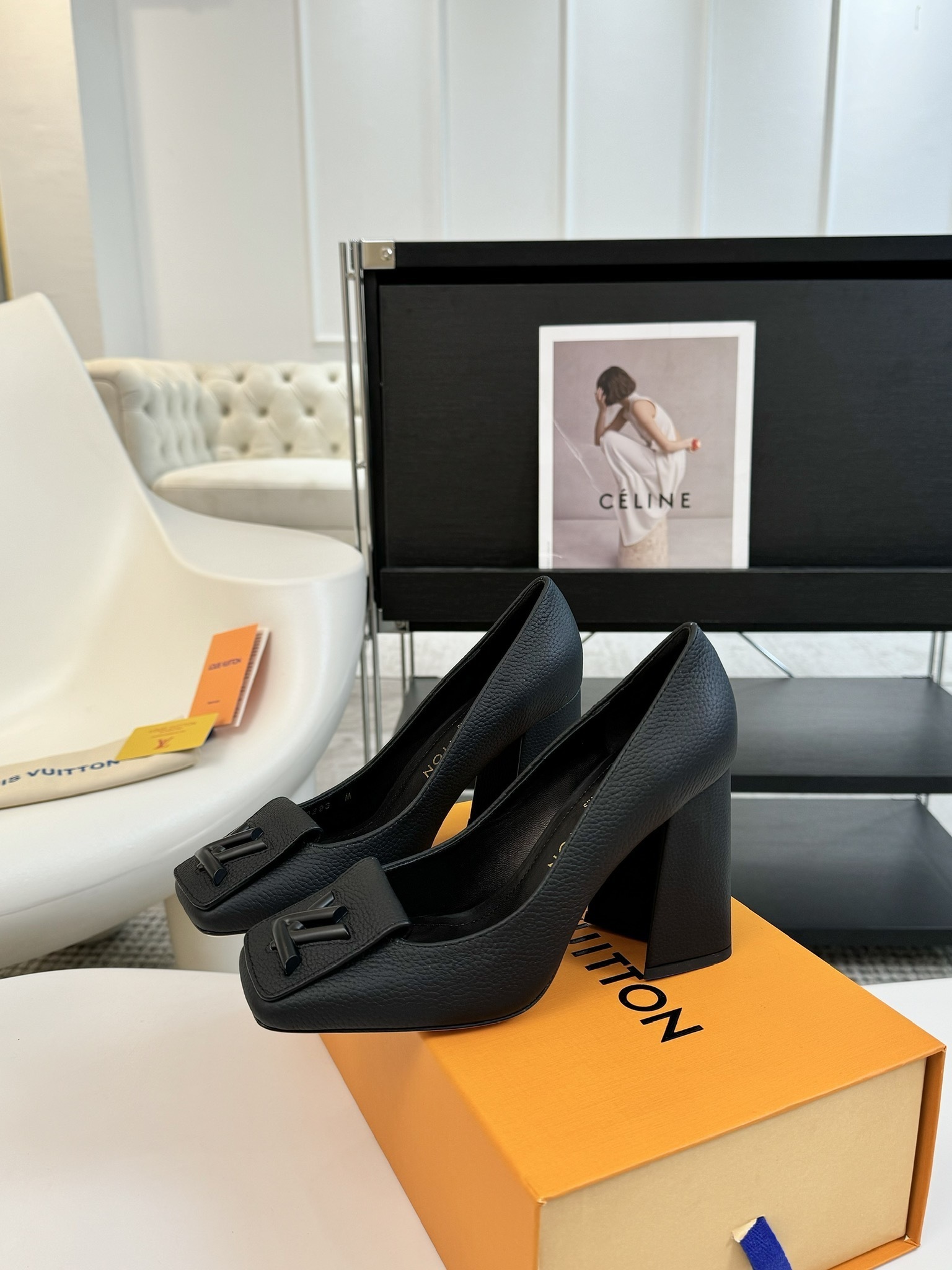 Louis Vuitton Black Grained Leather Square Toe Pumps with LV Logo