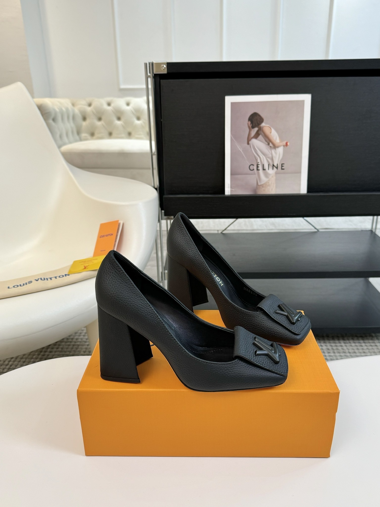 Louis Vuitton Black Grained Leather Square Toe Pumps with LV Logo