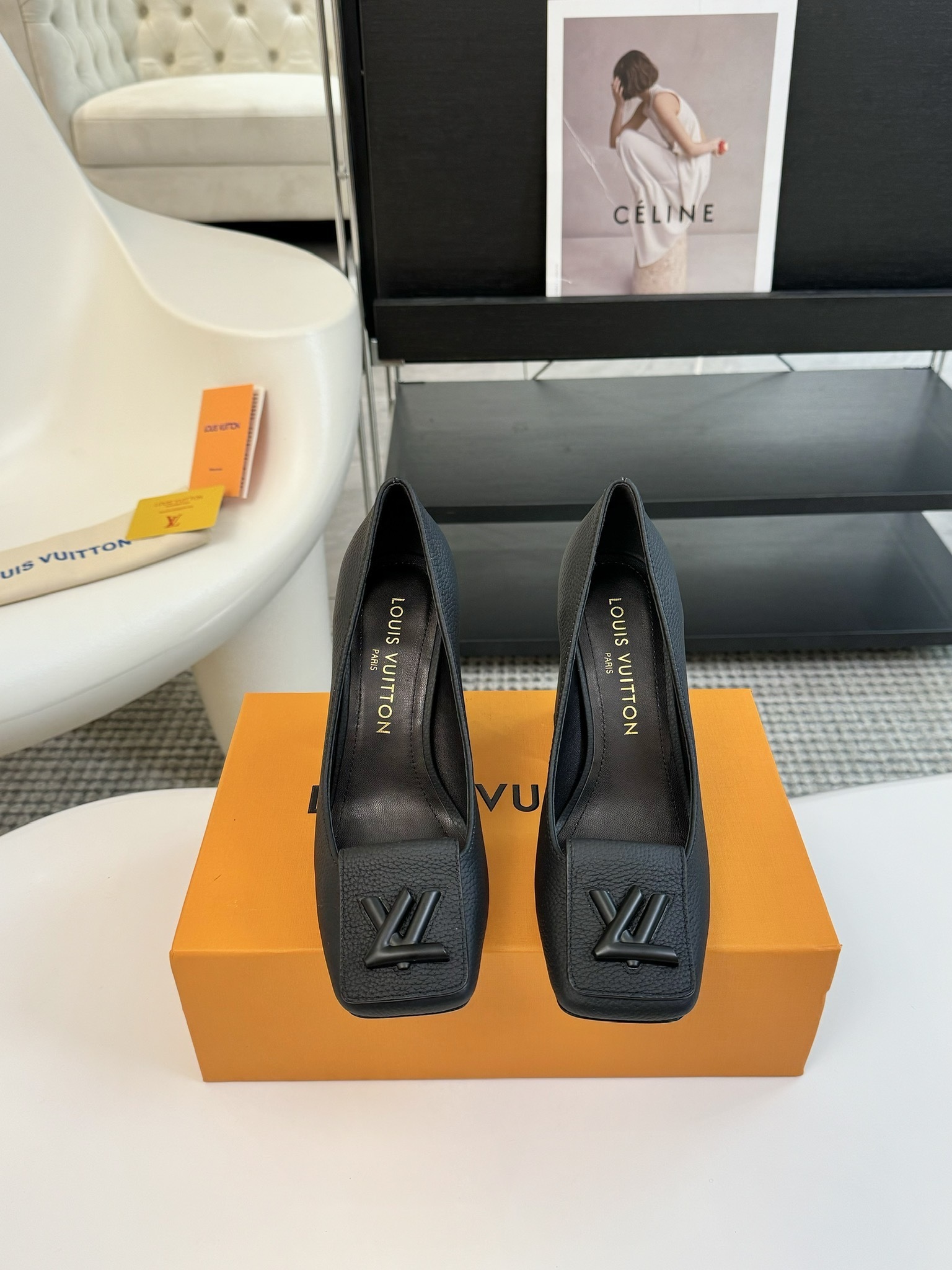 Louis Vuitton Black Grained Leather Square Toe Pumps with LV Logo