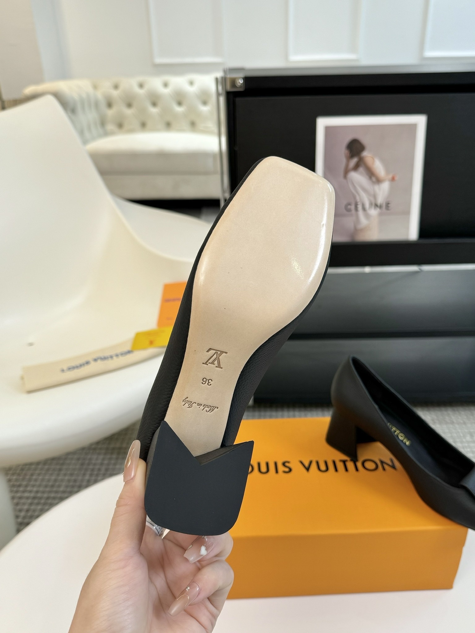 Louis Vuitton Black Grained Leather Block Heel Pumps with LV Logo