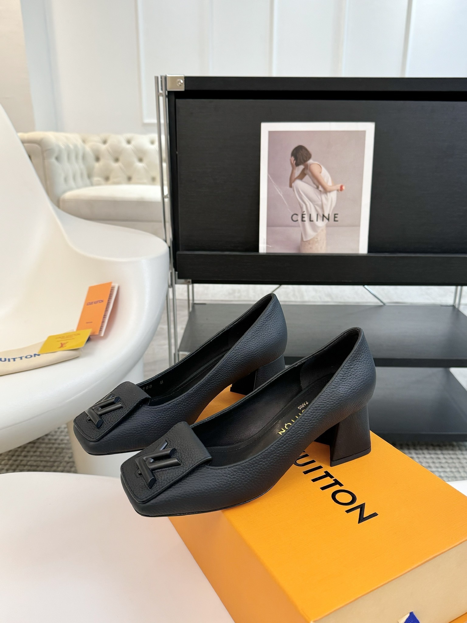 Louis Vuitton Black Grained Leather Block Heel Pumps with LV Logo