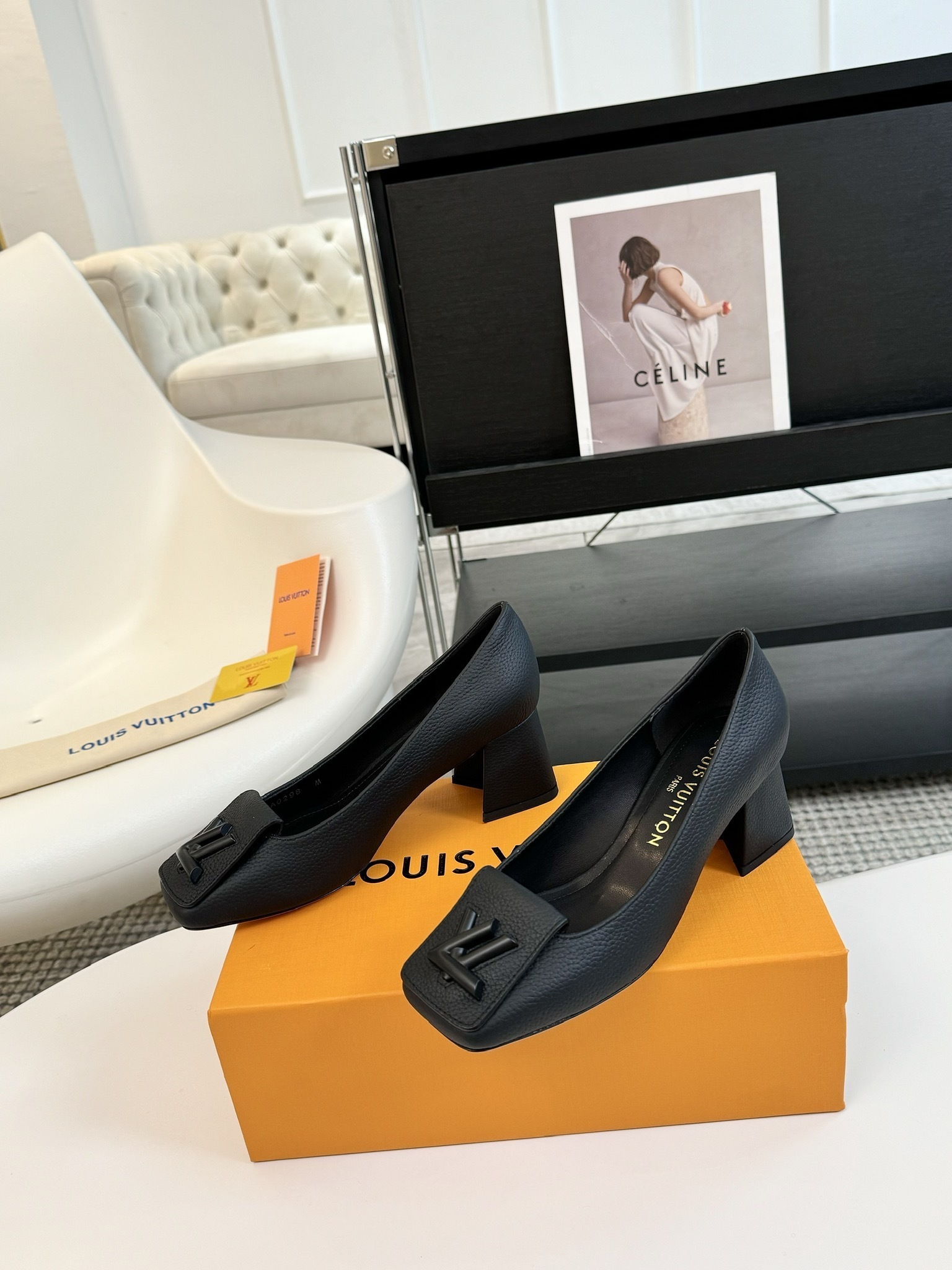 Louis Vuitton Black Grained Leather Block Heel Pumps with LV Logo