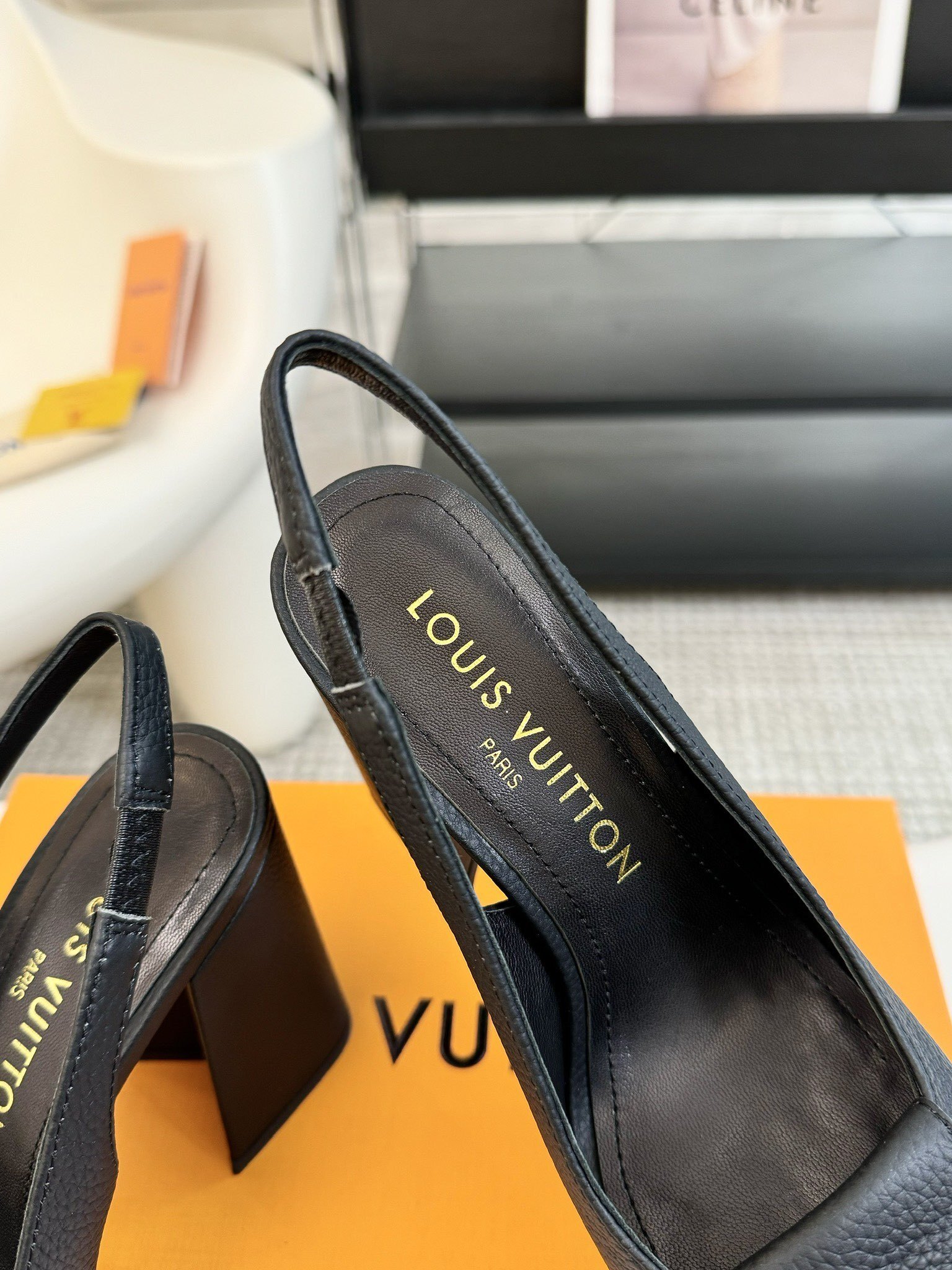 Louis Vuitton Black Leather Slingback Pumps with Matte LV Logo