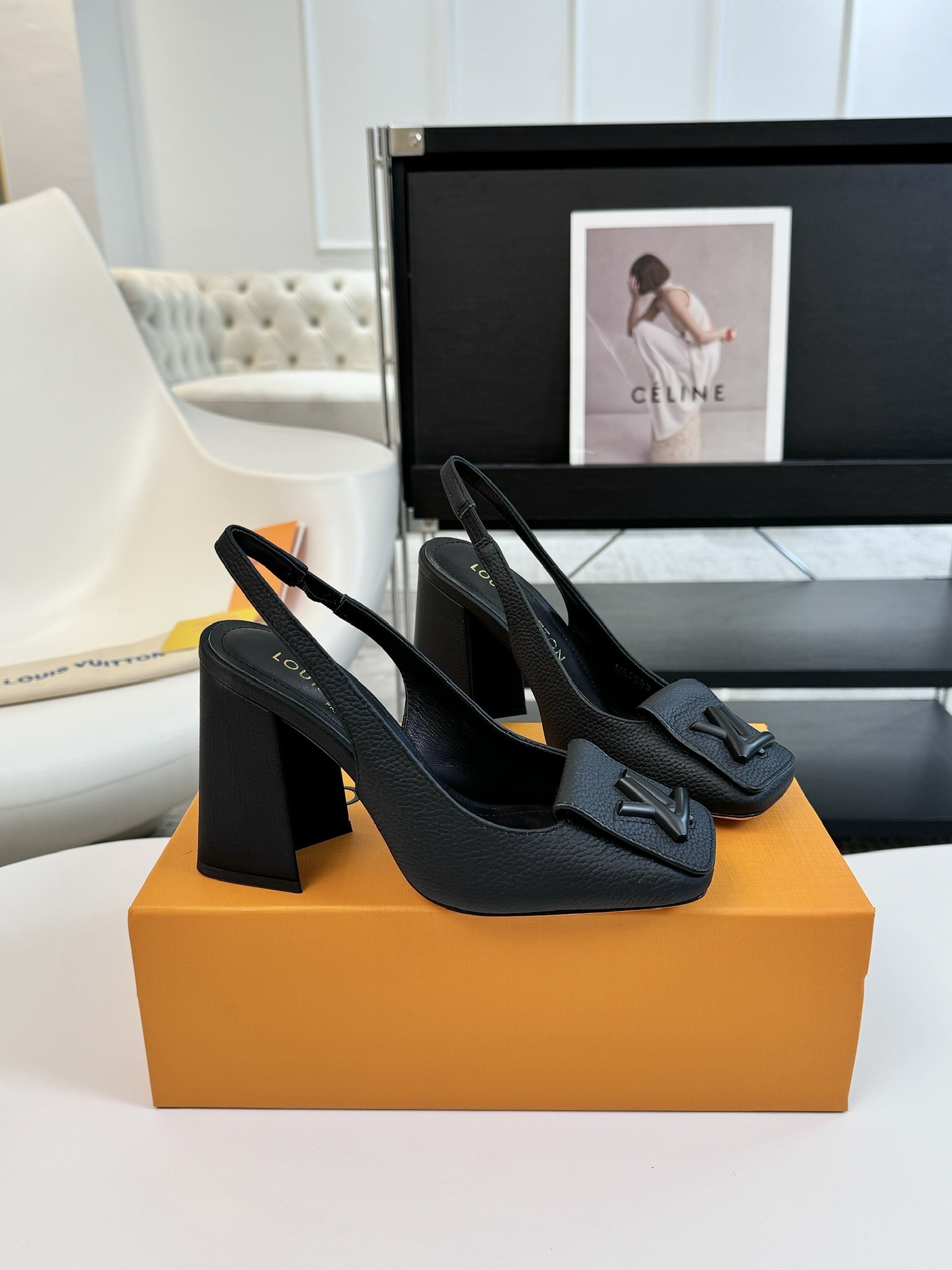 Louis Vuitton Black Leather Slingback Pumps with Matte LV Logo