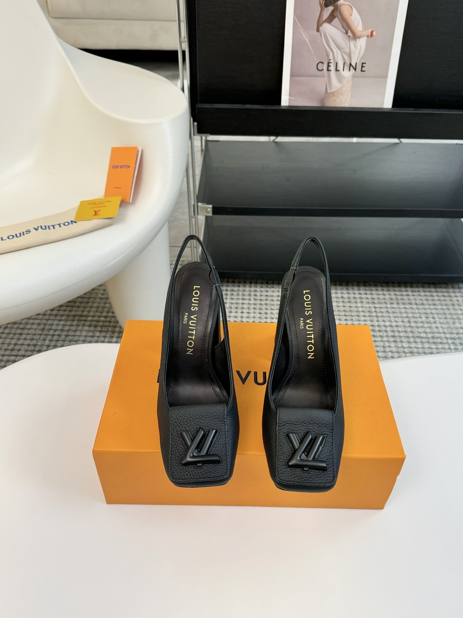 Louis Vuitton Black Leather Slingback Pumps with Matte LV Logo