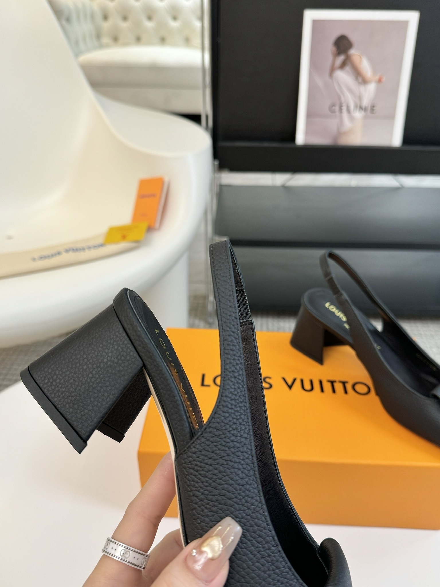 Louis Vuitton Black Grained Leather Slingback Pumps with LV Logo