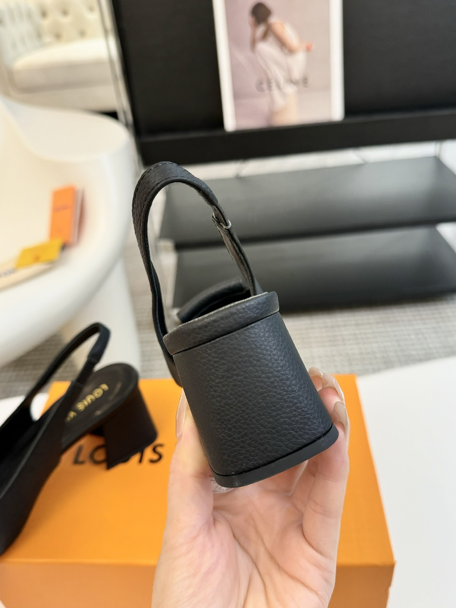 Louis Vuitton Black Grained Leather Slingback Pumps with LV Logo