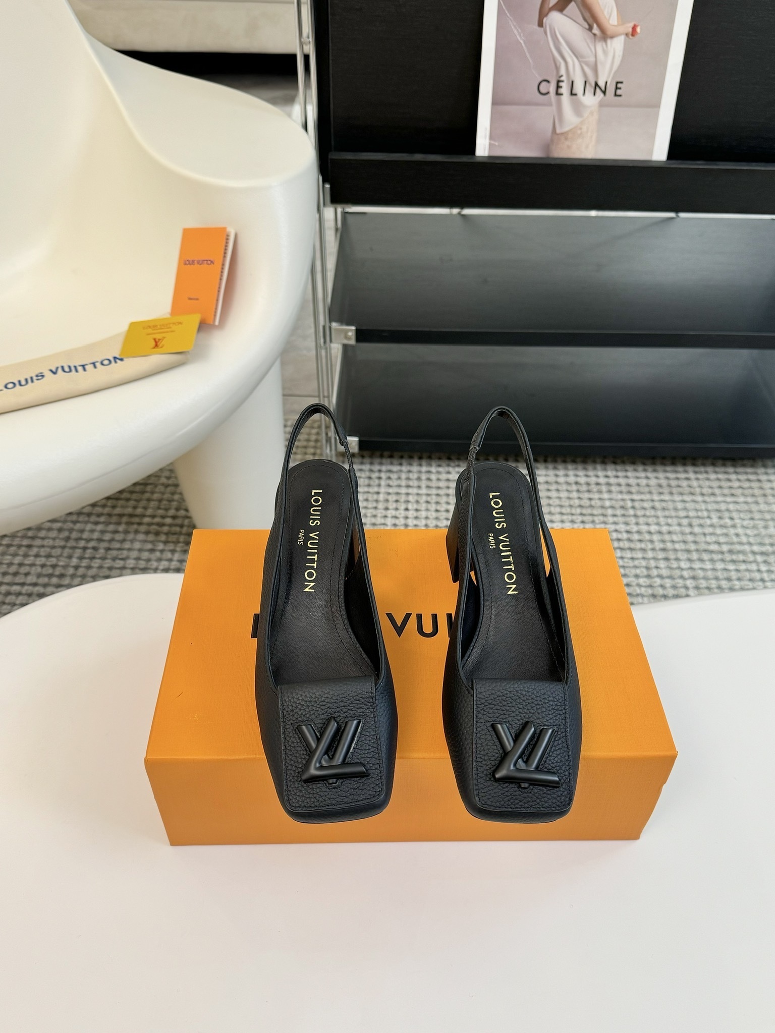 Louis Vuitton Black Grained Leather Slingback Pumps with LV Logo