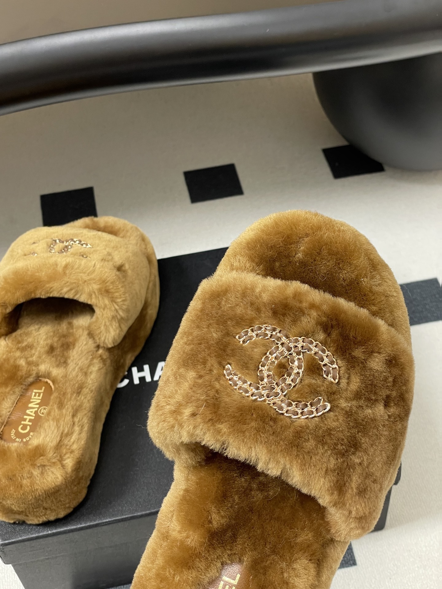 Luxury Brown Shearling Platform Slides with Gold Chain Logo