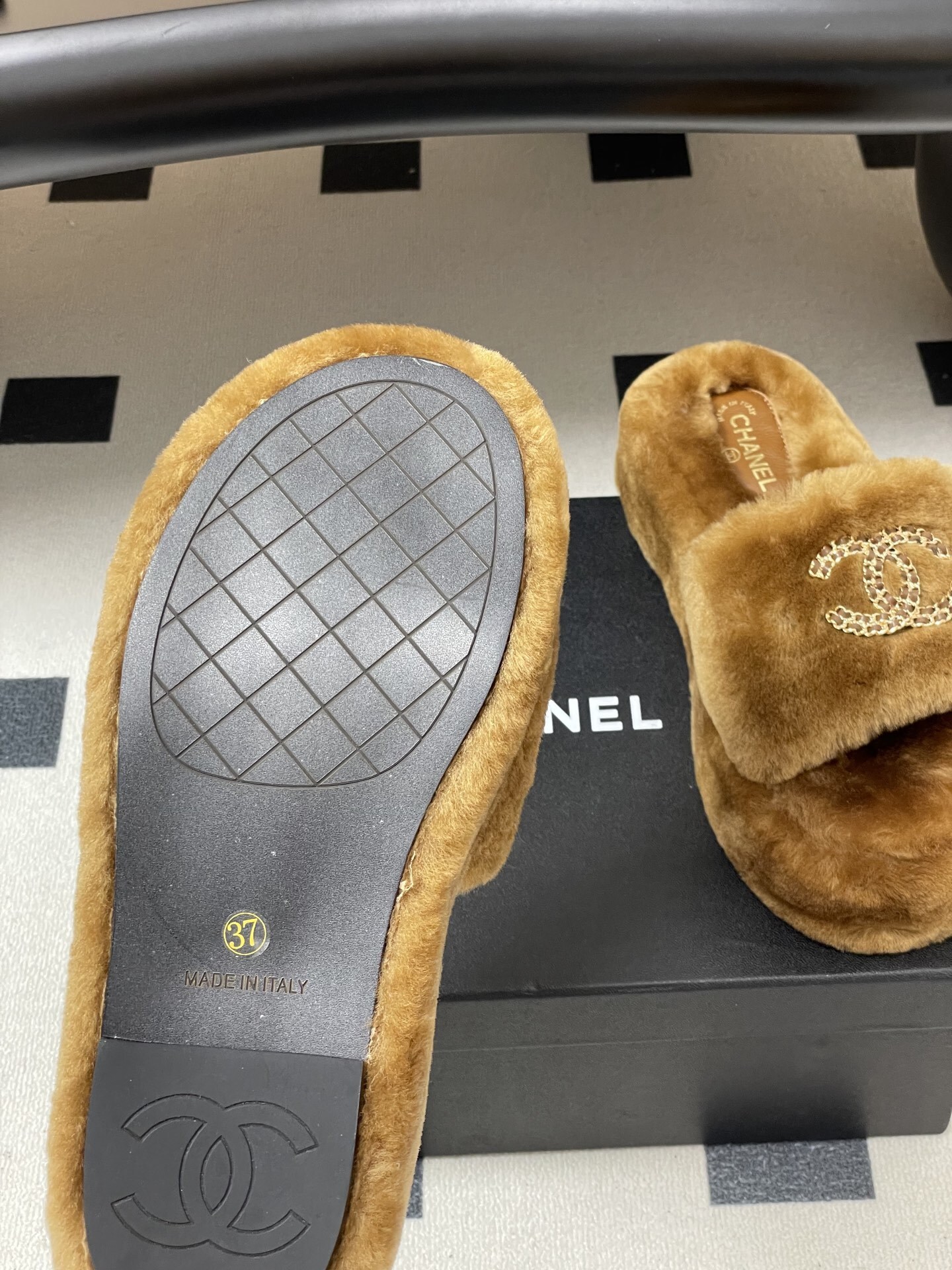 Luxury Brown Shearling Platform Slides with Gold Chain Logo