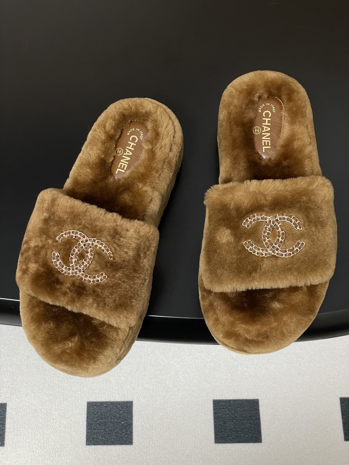 Luxury Brown Shearling Platform Slides with Gold Chain Logo