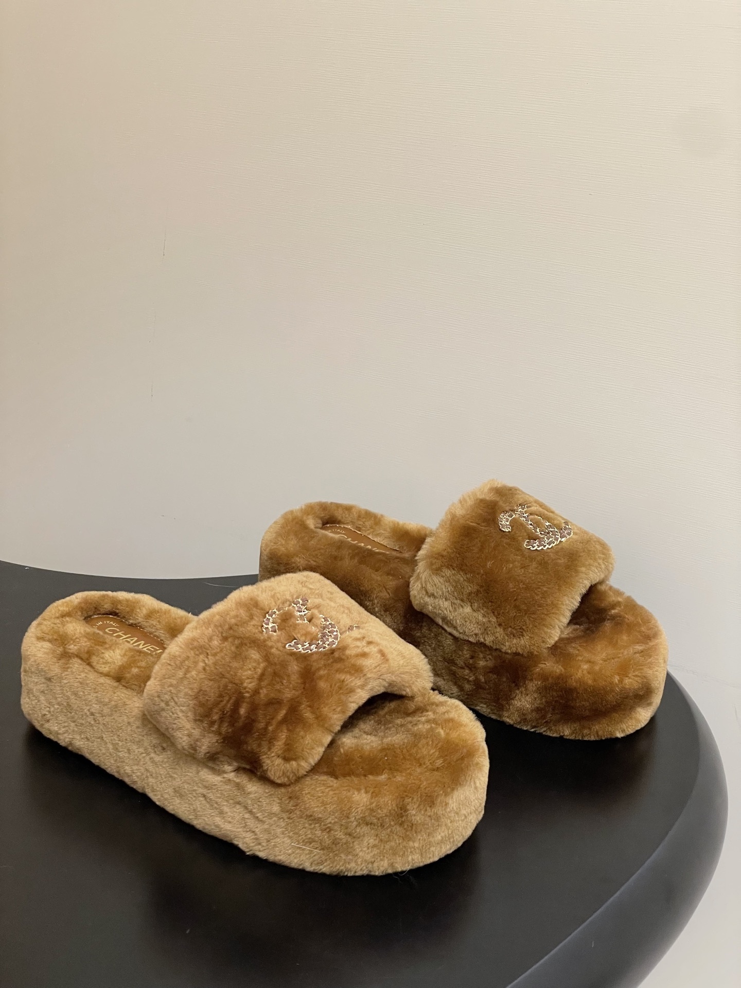 Luxury Brown Shearling Platform Slides with Gold Chain Logo