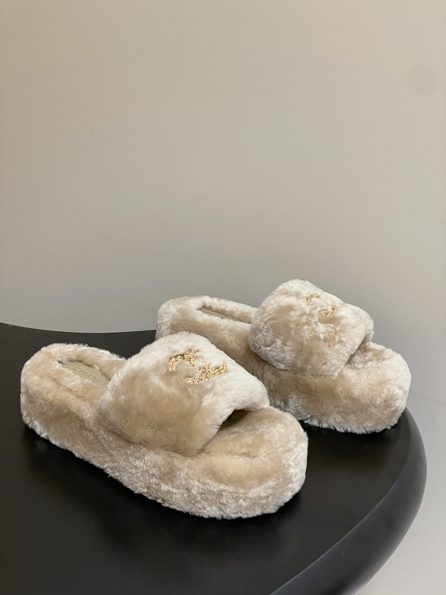 Chanel Beige Faux Fur Platform Slides with Gold CC Logo