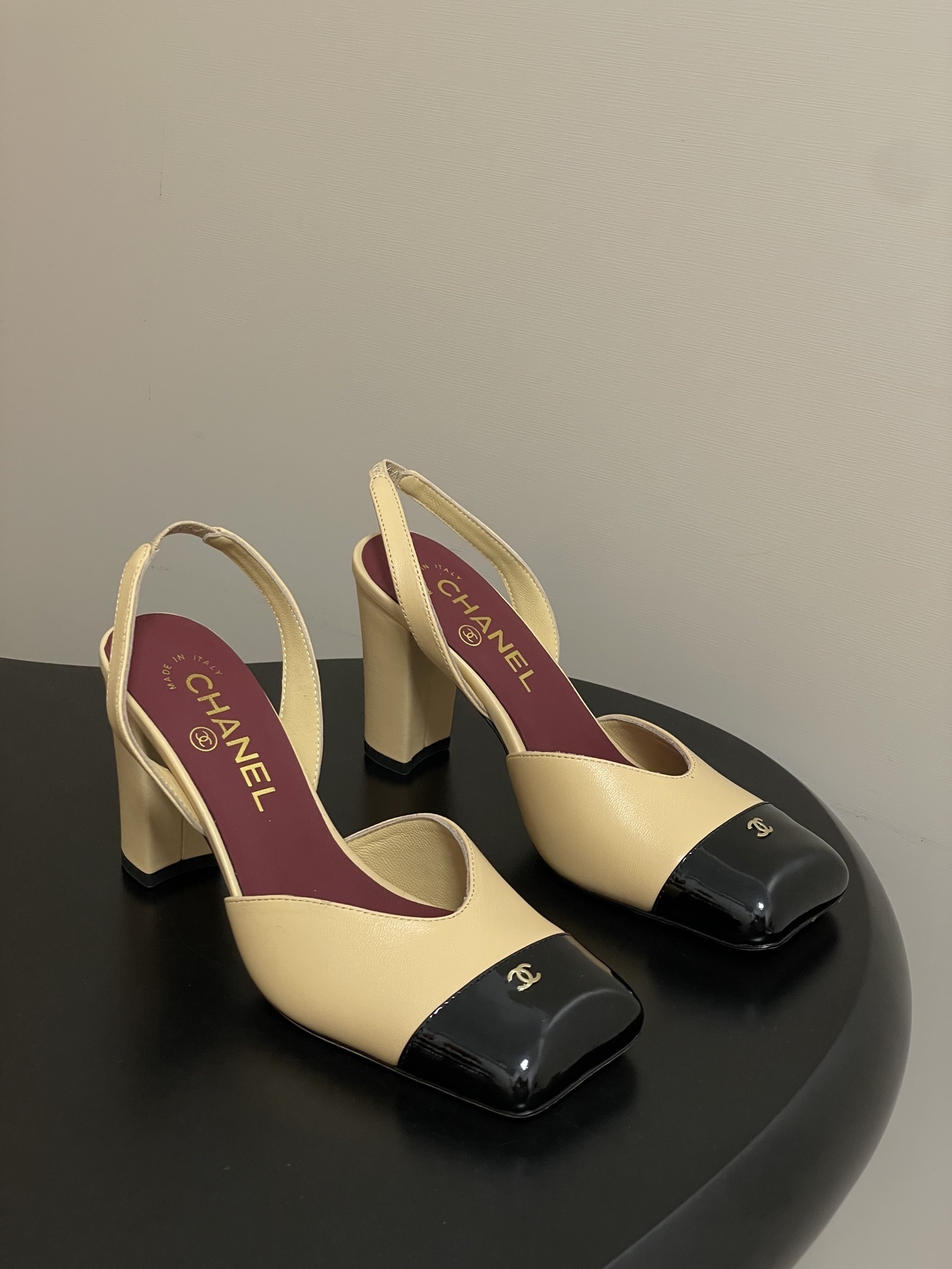 Chanel Beige Leather Slingback Pumps with Black Patent Square Toe