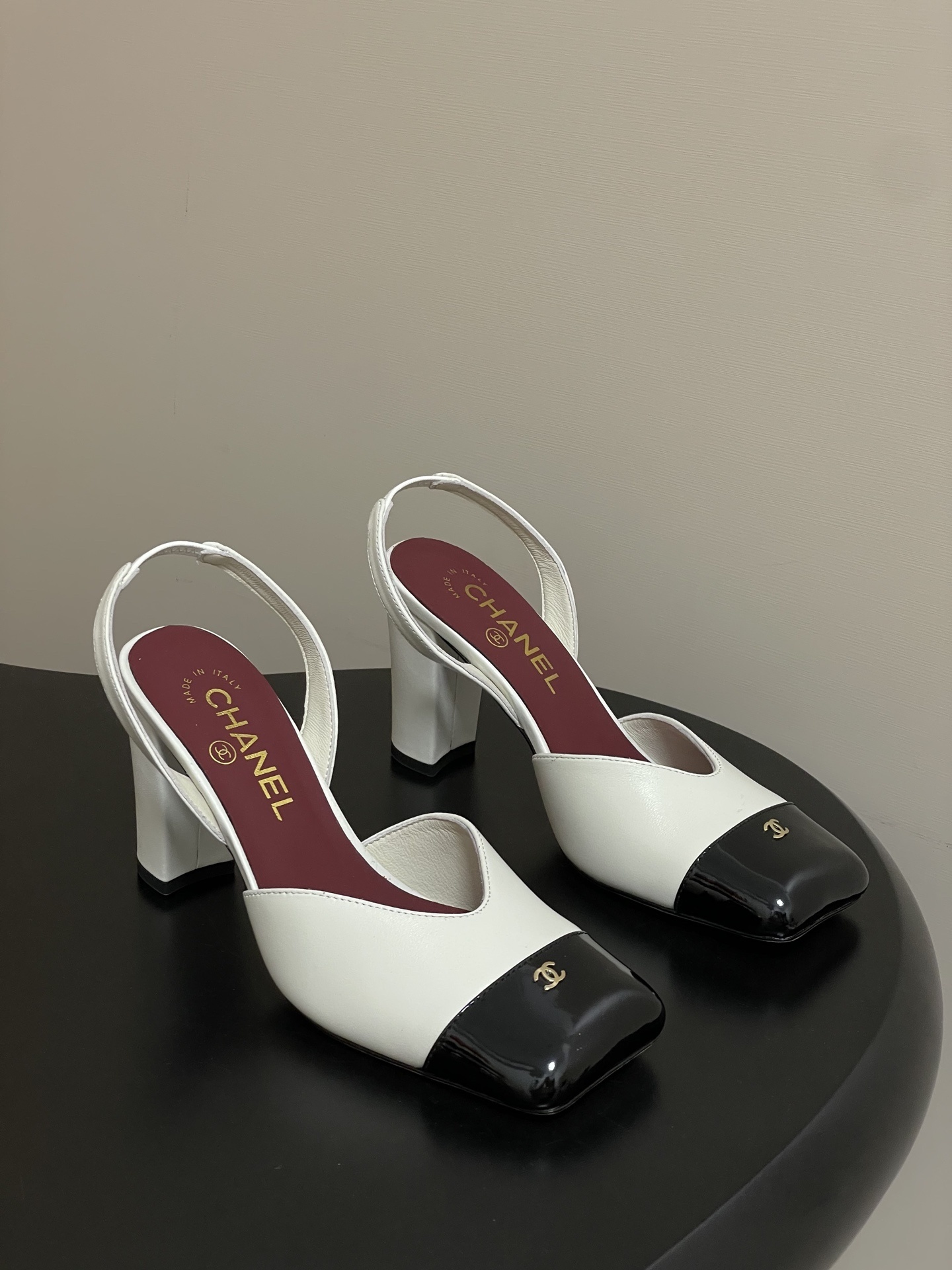 Chanel Two-Tone Leather Slingback Pumps with Square Toe