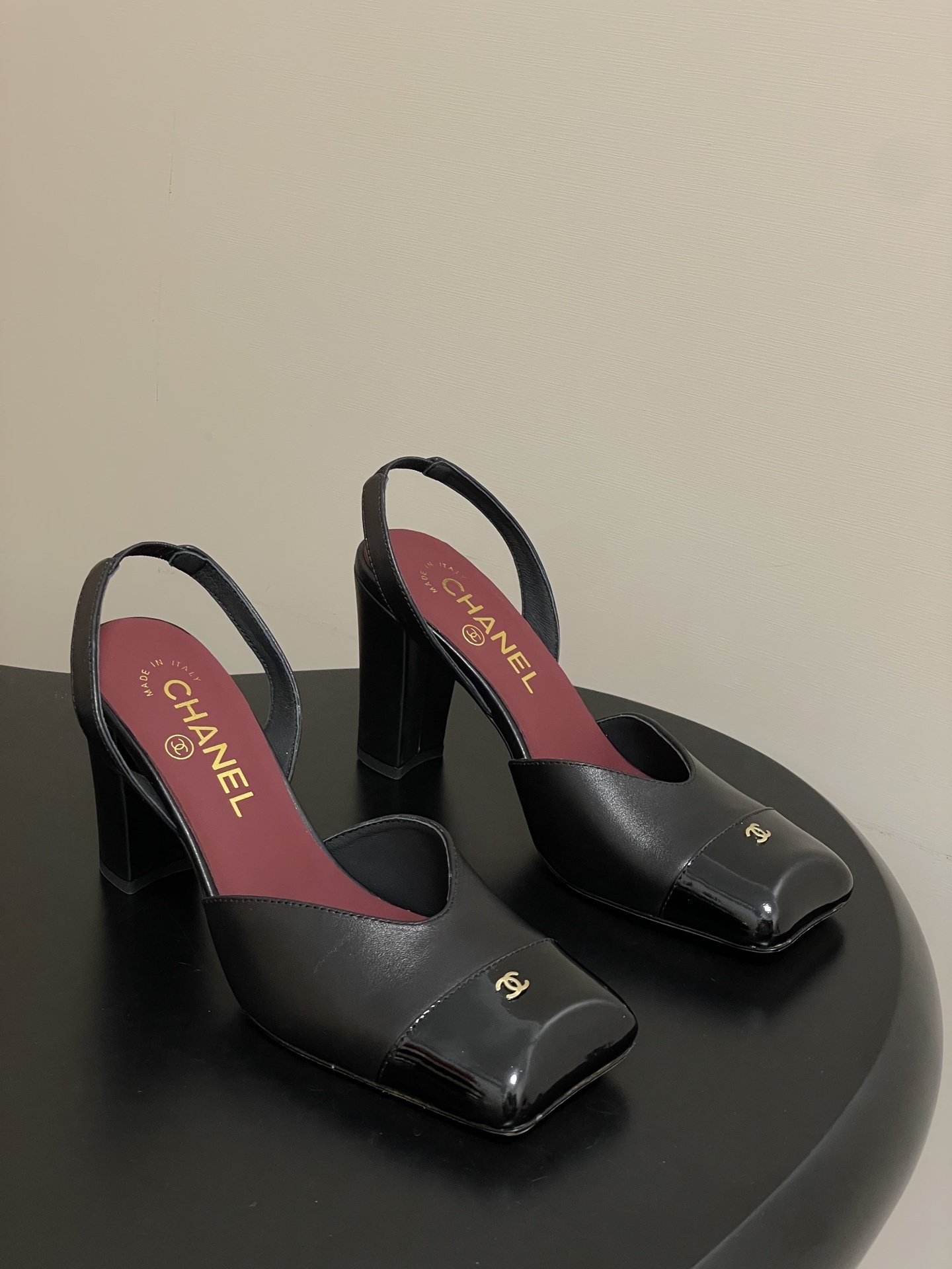 Chanel Black Leather Slingback Heels with Patent Square Toe