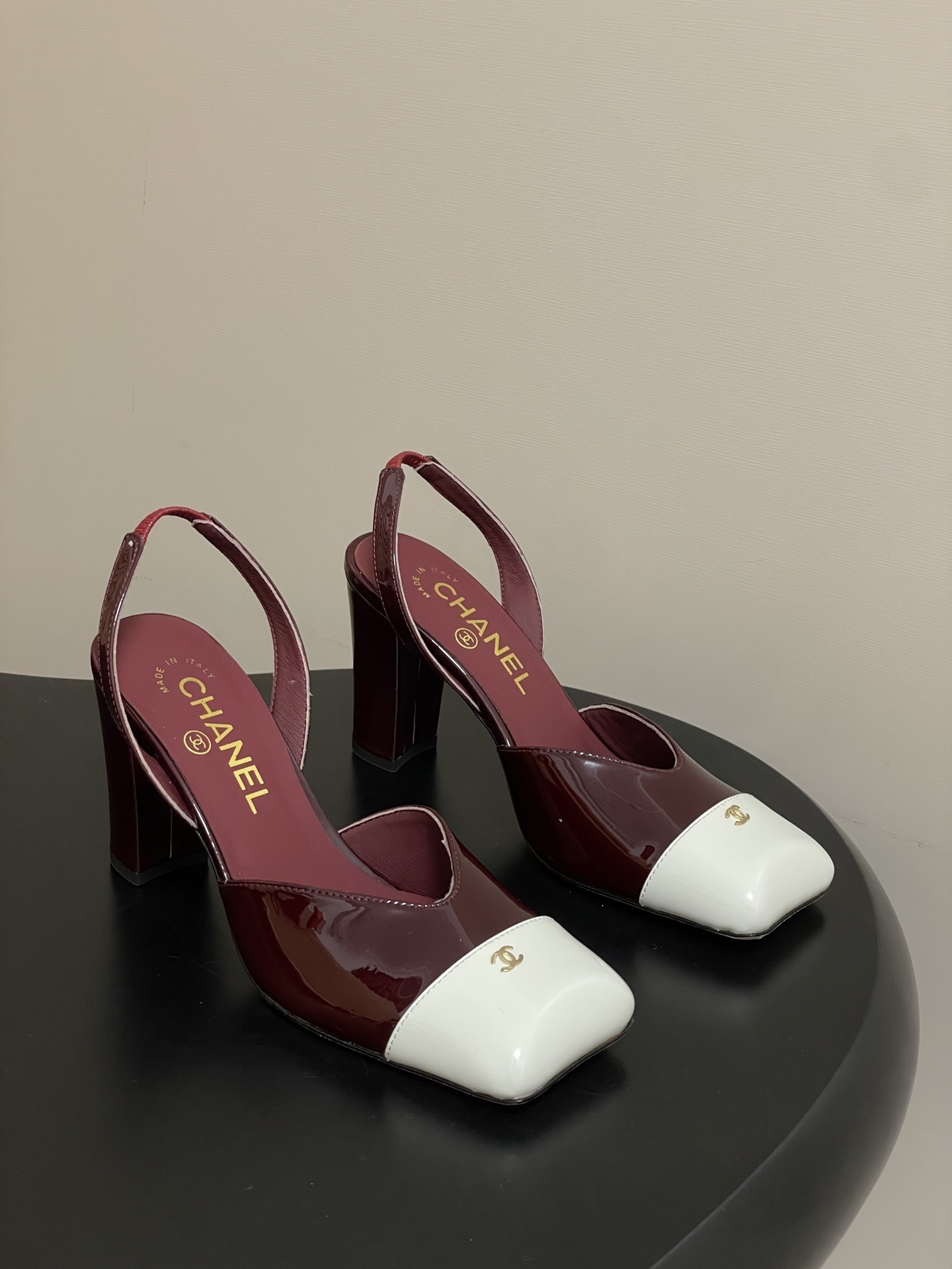 Chanel Patent Leather Slingback Pumps – Burgundy & White Square Toe